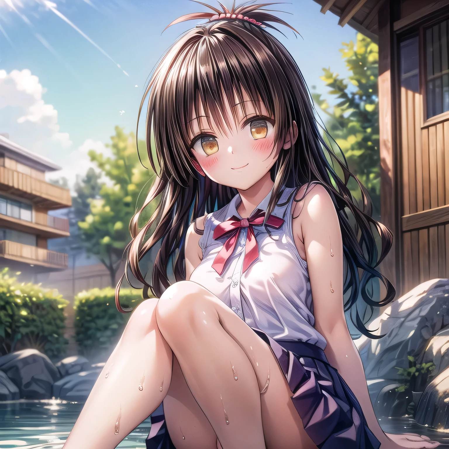 realistically, hair ornament, outdoor, onsen, daytime, lightray, glitter hair, brown eyes, glowing eyes, white short skirt, ultra shot skirt, Blush, daytime, Wet, see through, sleeveless shirt, nipples, pussy, armpit, , pussy, tricky smile, (((sit with knees raised))), windy, mikan, (((wind blow skirt up))), masterpiece, highest quality, Highest resolution, highest detailed face, perfect hands, perfect anatomy, left hand raised, spread legs,