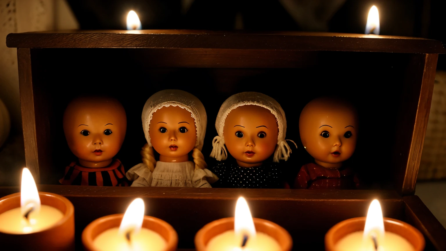 Foto assustadora, de terror e horror. Perturbadora. Various bizarre dolls, creepy and scary in a wooden coffin, with several lit candles around.