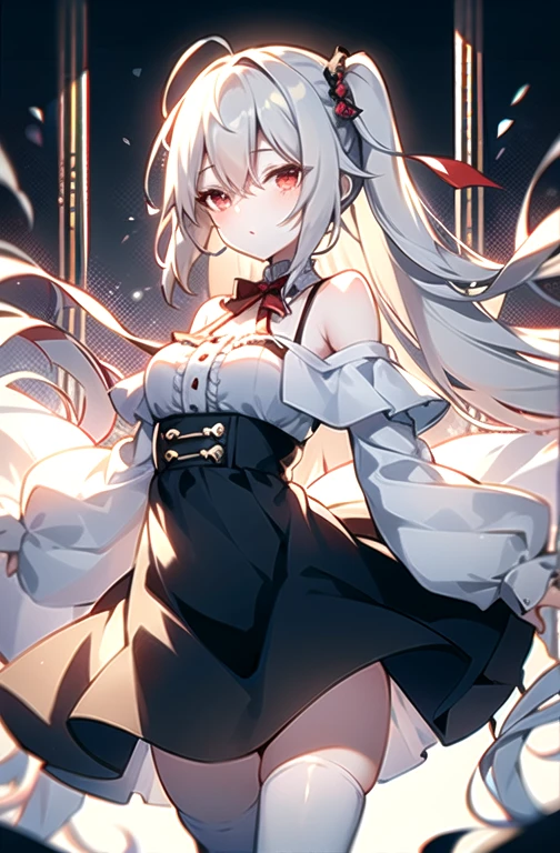 high quality,Top quality,high resolution,masterpiece, best quality, 1 Girl,bedroom,big eyes,Loli,Slender figure,short and small,Red eyes,White hair, Double ponytail hairstyle, Wear a white shirt,Show your belly button,Wear a short black skirt,Off-shoulder,Shy, blush,White pantyhose,Standing,