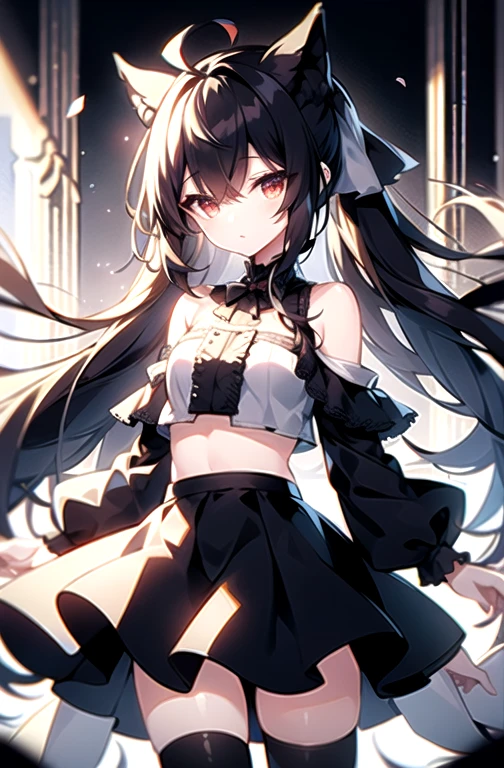 high quality，Top quality，high resolution，masterpiece, best quality, 1 Girl，bedroom，big eyes，Loli，Slender figure，short and small，Red eyes，White hair， Double ponytail hairstyle， Wear a white shirt，Show your belly button，Wear a short black skirt，Off-shoulder，Shy, blush，White pantyhose，Standing，