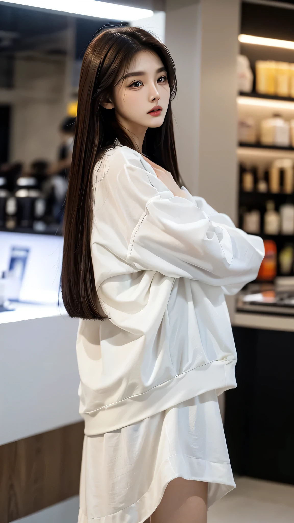 masterpiece、top-quality)、1 beutiful girl、Slim body、((Black and white plain clothes:1.1))、(Detailed beautiful eyes)、Walk around the store、((Boyish Brown Medium Hair))、((Smaller face))、((Neutral face))、((Face seen from the side))、((Light brown eyes))、((Korean Girl))、((25-years old))、((cool lady))、((Wild look))、((Korean Makeup))、((elongated and sharp eyes))、((Dating))、((looking distantly))、((boyish))、((Shot from the same height as your face))、((Viewers are tall))
