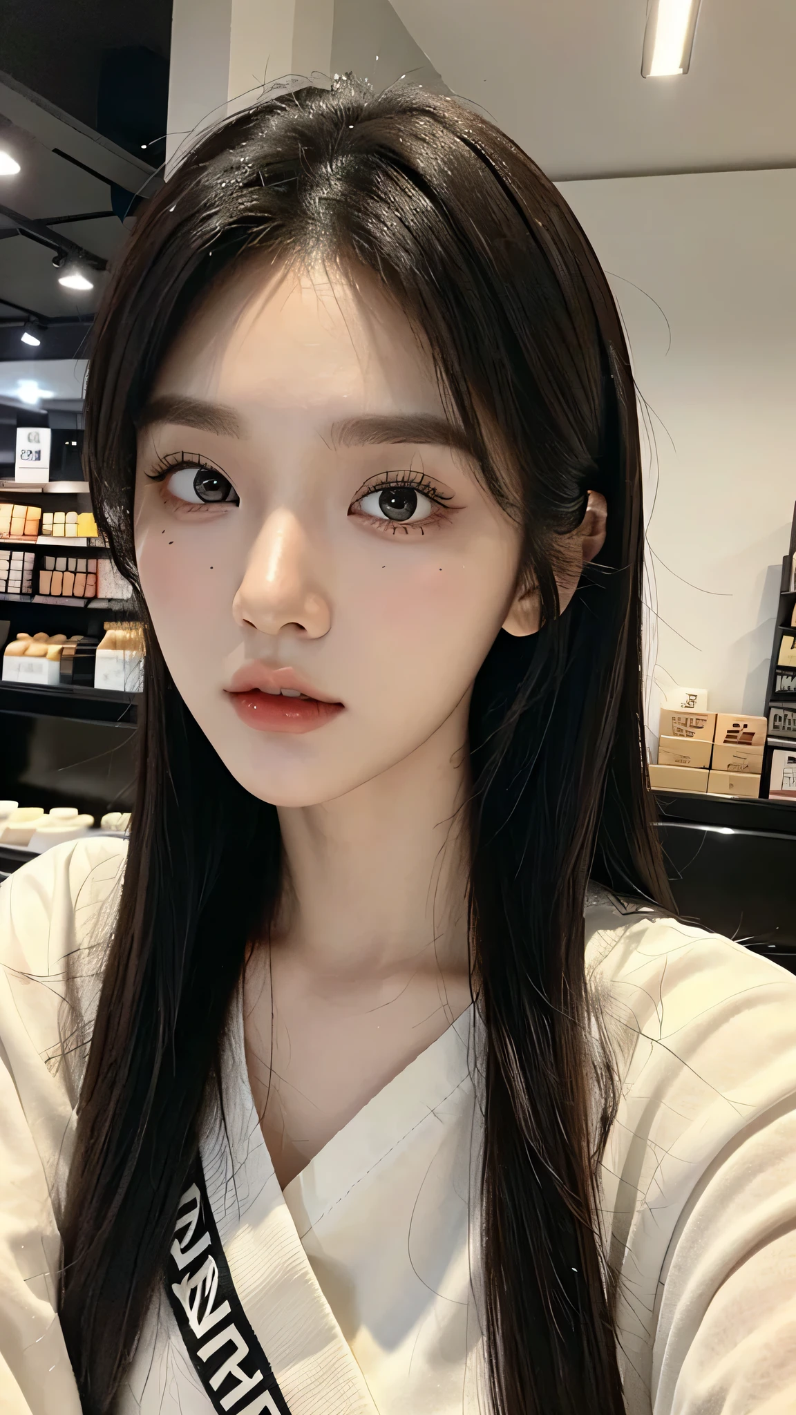 masterpiece、top-quality)、1 beutiful girl、Slim body、((Black and white plain clothes:1.1))、(Detailed beautiful eyes)、Walk around the store、((Boyish Brown Medium Hair))、((Smaller face))、((Neutral face))、((Face seen from the side))、((Light brown eyes))、((Korean Girl))、((25-years old))、((cool lady))、((Wild look))、((Korean Makeup))、((elongated and sharp eyes))、((Dating))、((looking distantly))、((boyish))、((Shot from the same height as your face))、((Viewers are tall))