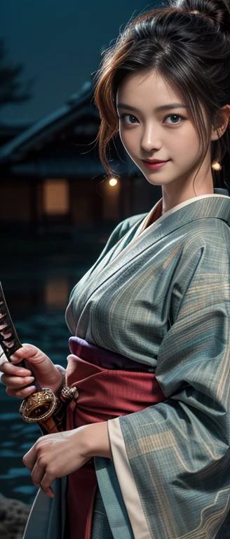 (original photo: 1.5, Reality: 1.5, 8k, top quality, masterpiece, Ultra-high resolution), Japan, World of Magic and Swords, Perfect dynamic composition: 1.2, mystery: 1.3, Detailed skin and facial texture: 1.3, Cute slender female warrior, Beautiful and beautiful: 1.2, Cute sexy beauty, 完美wind格, Wearing a delicate ring, holding a Japanese sword: 1. 1, fire, water, wind, lightning, ice, beautiful skin, Very beautiful face, (Shy laugh, Expressions when feeling a strong caress, facial expression when feeling happy), (Wearing a Kimono: 1.1,), (Beautiful blue eyes, Beautiful and full eyes: 0 .8), (Too: 0.9, Fascinating: 0.9), (close up, Full body tattoo, night, Fascinating lighting)