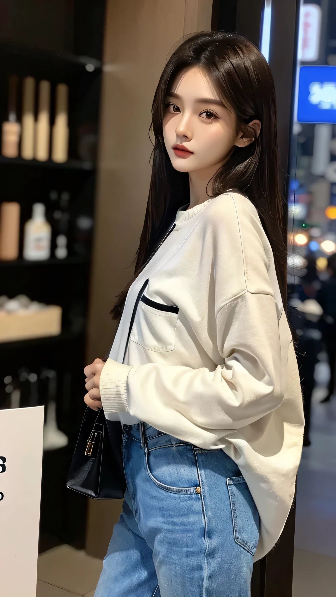 masterpiece、top-quality)、1 beutiful girl、Slim body、((Black and white plain clothes:1.1))、(Detailed beautiful eyes)、Walk around the store、((Boyish Brown Medium Hair))、((Smaller face))、((Neutral face))、((Face seen from the side))、((Light brown eyes))、((Korean Girl))、((25-years old))、((cool lady))、((Wild look))、((Korean Makeup))、((elongated and sharp eyes))、((Dating))、((looking distantly))、((boyish))、((Shot from the same height as your face))、((Viewers are tall))