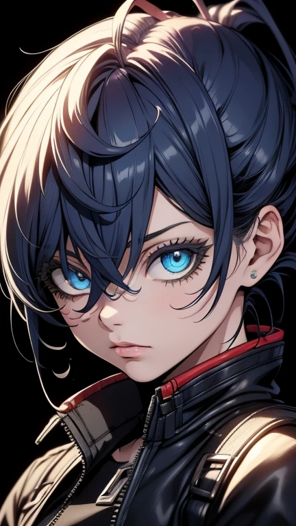 Obra-prima,Detalhado,High resolutions:1.4) , Foto del modelo, fechar, Rosto detalhado, Olhos finos e detalhados,, (Kirishima Touka),medium blue hair,ojo ghoul,retro jacket,Tokyo Ghoul,Fundo retrofuturista, cores vibrantes, hdr,, ,