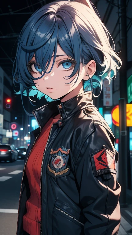 Obra-prima,Detalhado,High resolutions:1.4) , Foto del modelo, fechar, Rosto detalhado, Olhos finos e detalhados,, (Kirishima Touka),medium blue hair,ojo ghoul,retro jacket,Tokyo Ghoul,Fundo retrofuturista, cores vibrantes, hdr,, ,