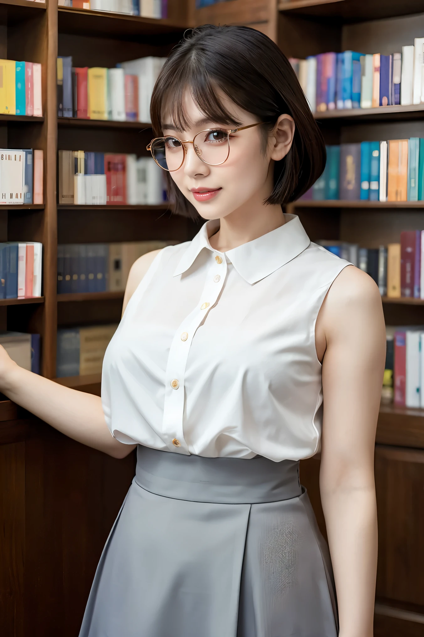 (highest quality、Tabletop、8k、Award-winning works、Ultra-high resolution、Best image quality)、One beautiful woman、(White polyester sleeveless、Blouse with buttoned collar:1.3)、(Elegant grey tight skirt:1.1)、(Elegant round glasses:1.3)、library、(Standing Elegantly:1.1)、(Strongly blurred background:1.1)、Stand next to a bookshelf、(Perfectly organized bookshelf:1.1)、Bookshelf in the background、居心地の良いlibrary、lipstick、Long eyelashes、Heavy makeup、Perfect Makeup、Colored contact lenses、Accentuate your body lines、Big ample breasts、Soft and warm lighting、Detailed bookshelf、(Ultra-high resolutionの正確な美しい髪:1.1)、(Accurate anatomy:1.2)、Ultra-high definition beautiful eyes、(Super bright and radiant skin:1.1)