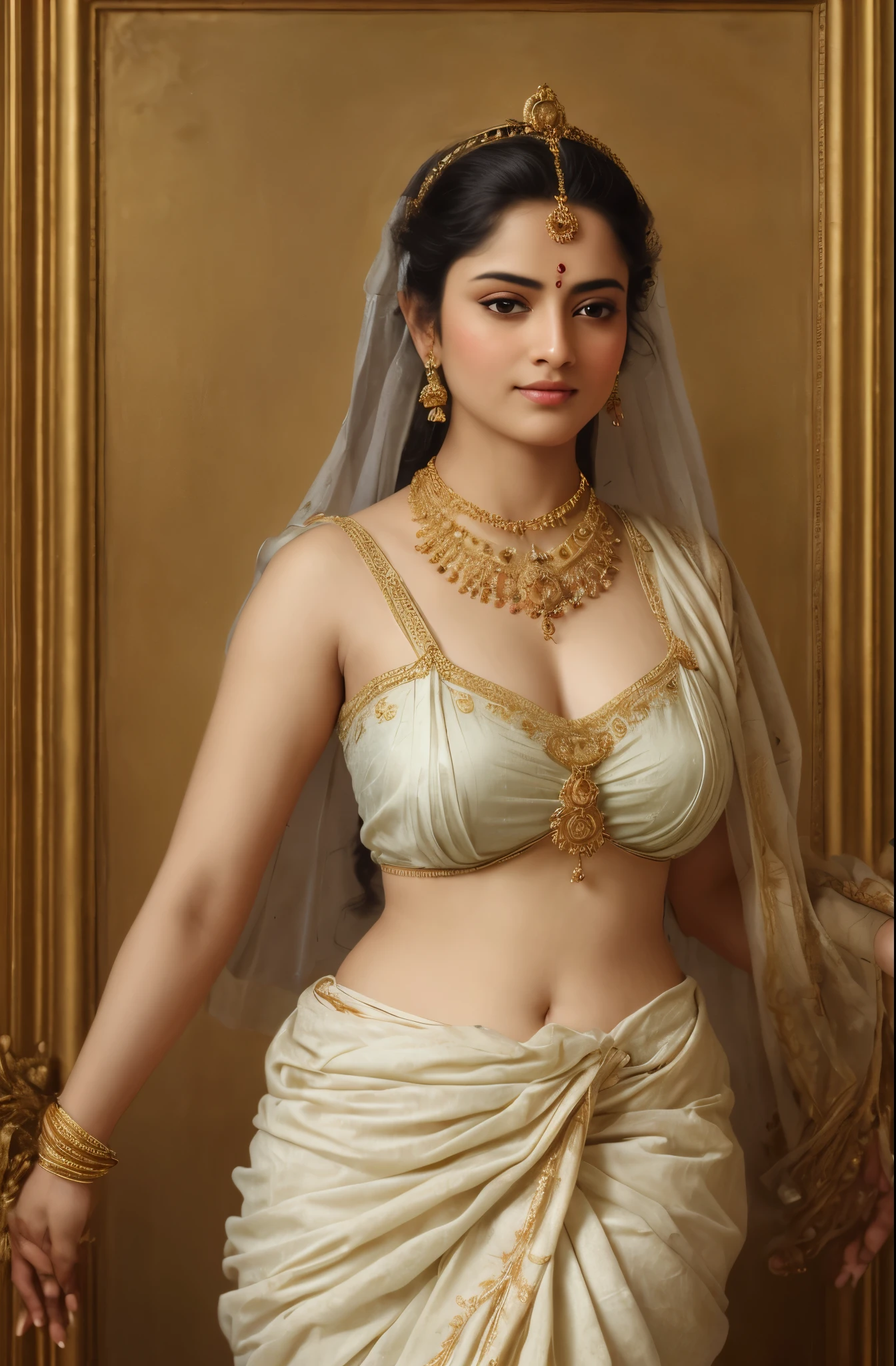 Best quality, highly detailed, masterpiece, Indian princess, Rajkanya, royal clothes, Masterpiece, extremely gorgeous woman, matchless Beauty, portrait, Peter Paul Rubens style, Woman, off shoulder bandeau crop blouse, beautifully styled hair, fluffy hair, middle ages, classicism, andrey atroshenko style, painting, long hair, styled hair, traditional media, realistic, figurative, fine art, detailed Art, oil on canvas, HDR, 8K, original character, high resolution, high detail, focus on the face, intricate, flawless, fluffy hair, Peter Paul Rubens style, By Peter Paul Rubens, sharp picture, no crown