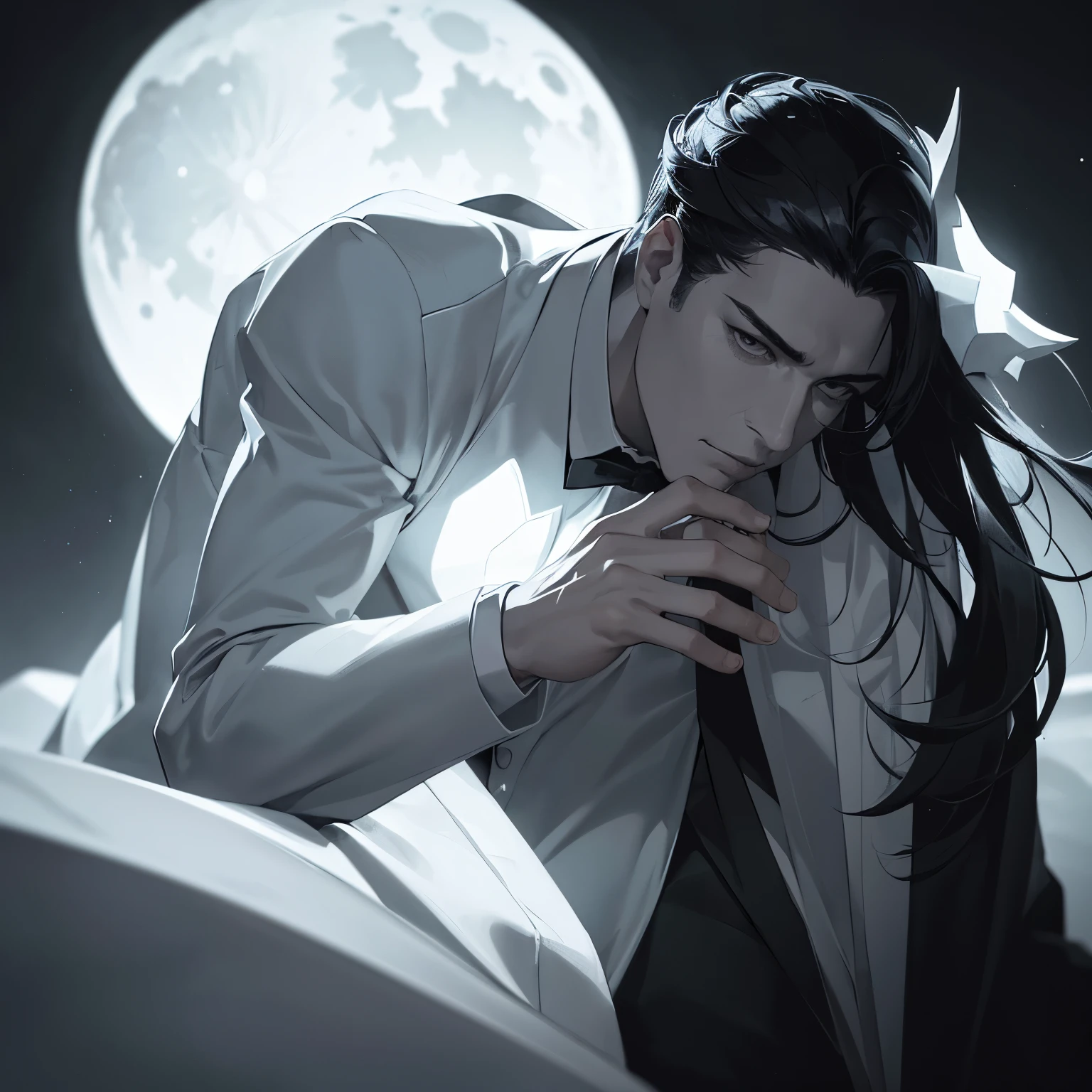 A man in a stark white and black suit, gazing at a moon shrouded in the night sky, intricately detailed in high contrast monochrome, under the gentle glow of top light in a cinematic setting, low camera angle, ISO 200, 8K resolution.