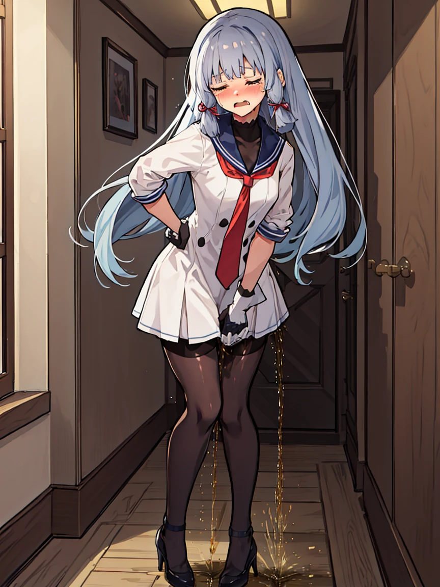 murakumo_kantaicollection, long_hair, hair_ribbon, ribbon, headgear, bangs, grey_hair, sidelocks, blunt_bangs, tress_ribbon, orange_eyes, necktie, dress, gloves, sailor_dress, white_gloves, low heels, 1 gilr, solo, (full body shot:1.1)
BREAK
(sfw:1.5), peeing self, have to pee, standing, pigeon-toed, hand between legs, leaning forward, (Pee while standing:1.5), myself peeing
BREAK
(crying:1.2), tears, (blush:1.2), (close your mouth:1.3), (close your eyes:1.3)
BREAK
official art, best masterpiece, best quality, best resolution, 8K, best detailed, highly detailed hands, highly detailed fingers, very detailed mouth, perfect anatomy
BREAK
(door, hallway), dust, dust, light particles, very fine and detailed 16KCG wallpapers