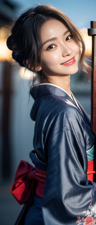 (original photo: 1.5, Reality: 1.5, 8k, top quality, masterpiece, Ultra-high resolution), Japan, World of Magic and Swords, Perfect dynamic composition: 1.2, mystery: 1.3, Detailed skin and facial texture: 1.3, Cute slender female warrior, Beautiful and beautiful: 1.2, Cute sexy beauty, 完美wind格, Wearing a delicate ring, holding a Japanese sword: 1. 1, fire, water, wind, lightning, ice, beautiful skin, Very beautiful face, (Shy laugh, Expressions when feeling a strong caress, facial expression when feeling happy), (Wearing a Kimono: 1.1,), (Beautiful blue eyes, Beautiful and full eyes: 0 .8), (Too: 0.9, Fascinating: 0.9), (close up, Full body tattoo, night, Fascinating lighting)