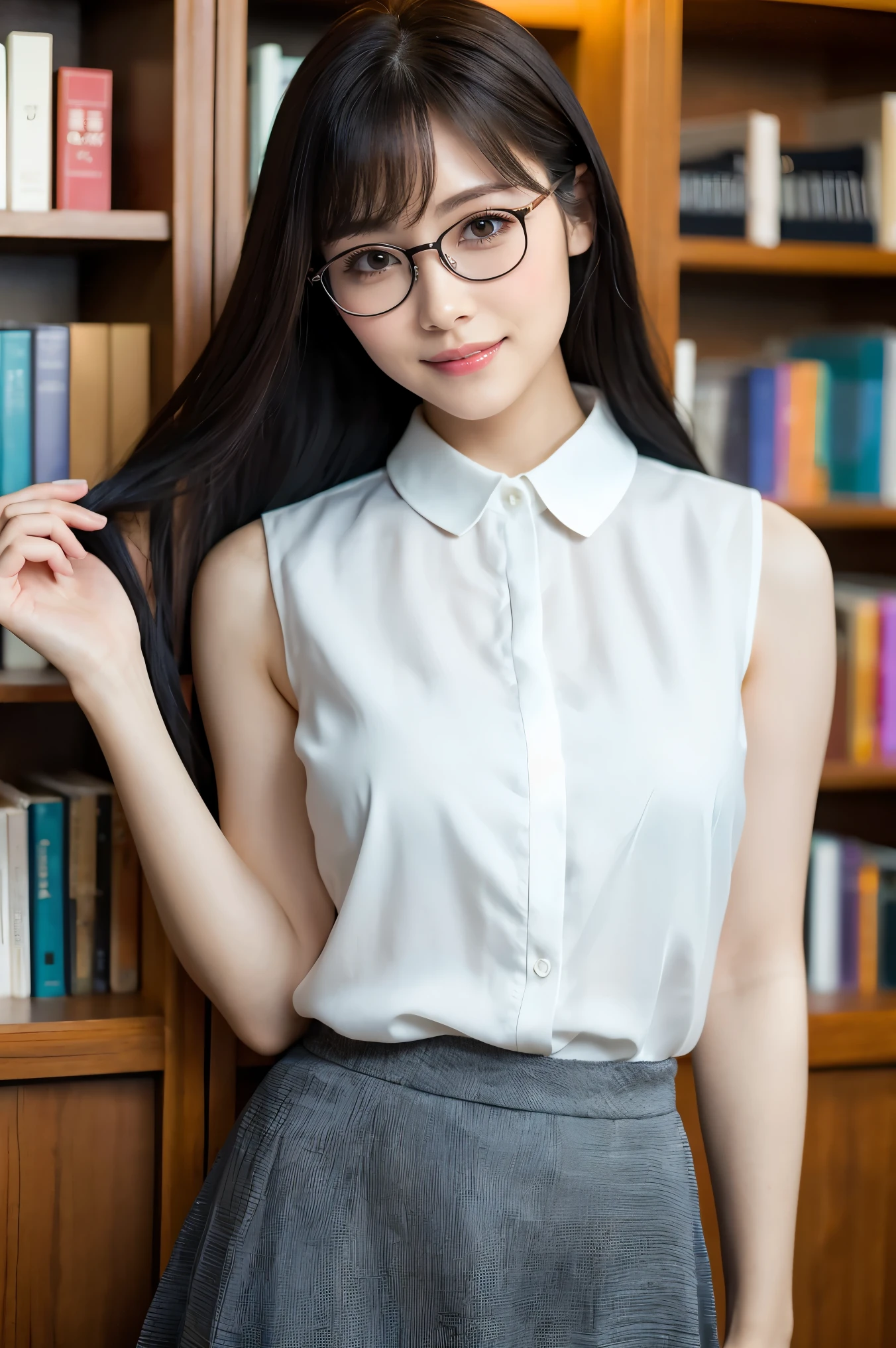(highest quality、Tabletop、8k、Award-winning works、Ultra-high resolution、Best image quality)、One beautiful woman、(White polyester sleeveless、Blouse with buttoned collar:1.3)、(Elegant grey tight skirt:1.1)、(Elegant round glasses:1.3)、library、(Standing Elegantly:1.1)、(Strongly blurred background:1.1)、Stand next to a bookshelf、(Perfectly organized bookshelf:1.1)、Bookshelf in the background、居心地の良いlibrary、lipstick、Long eyelashes、Heavy makeup、Perfect Makeup、Colored contact lenses、Accentuate your body lines、Big ample breasts、Soft and warm lighting、Detailed bookshelf、(Ultra-high resolutionの正確な美しい髪:1.1)、(Accurate anatomy:1.2)、Ultra-high definition beautiful eyes、(Super bright and radiant skin:1.1)