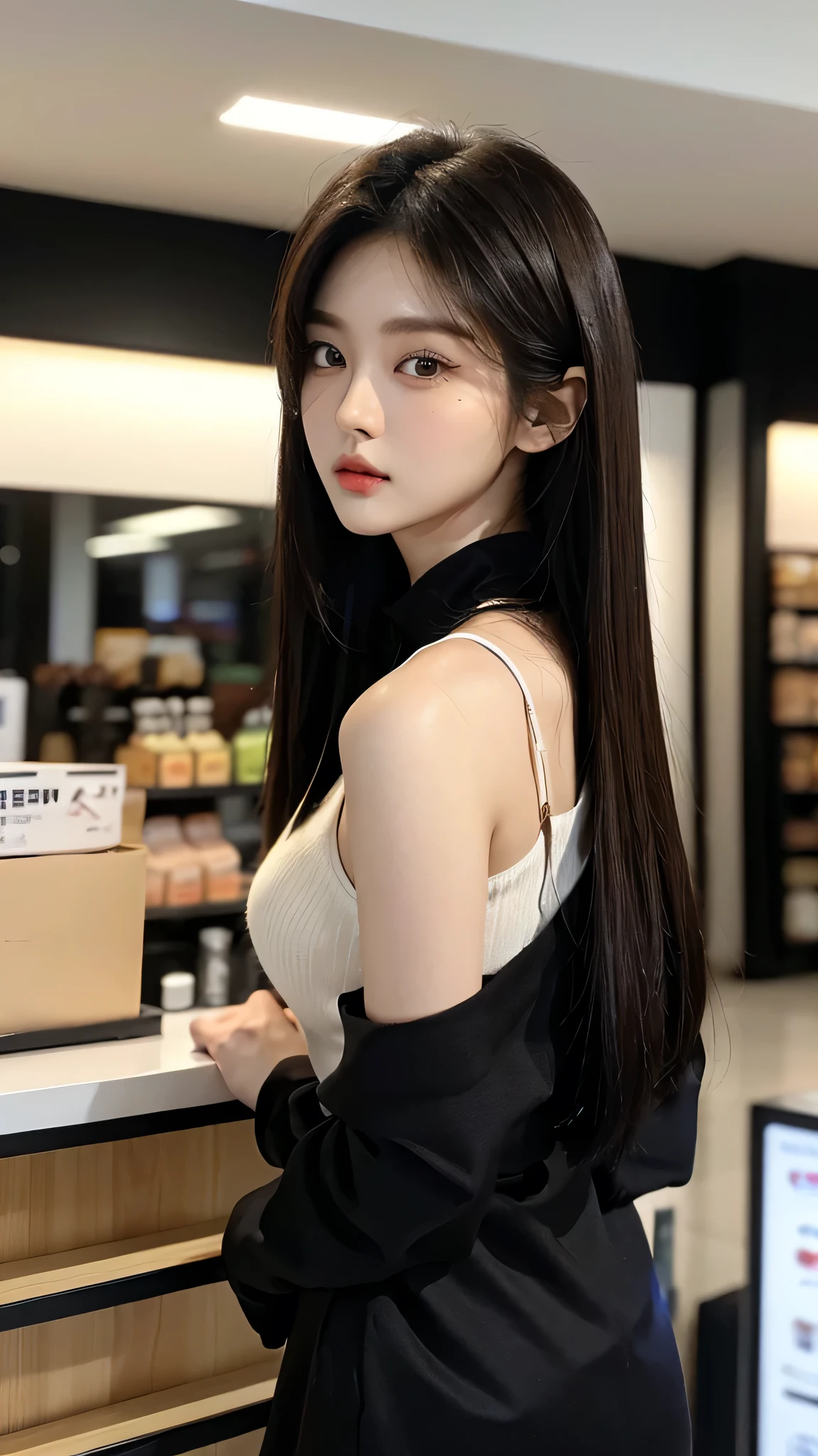 masterpiece、top-quality)、1 beutiful girl、Slim body、((Black and white plain clothes:1.1))、(Detailed beautiful eyes)、Walk around the store、((Boyish Brown Medium Hair))、((Smaller face))、((Neutral face))、((Face seen from the side))、((Light brown eyes))、((Korean Girl))、((25-years old))、((cool lady))、((Wild look))、((Korean Makeup))、((elongated and sharp eyes))、((Dating))、((looking distantly))、((boyish))、((Shot from the same height as your face))、((Viewers are tall))
