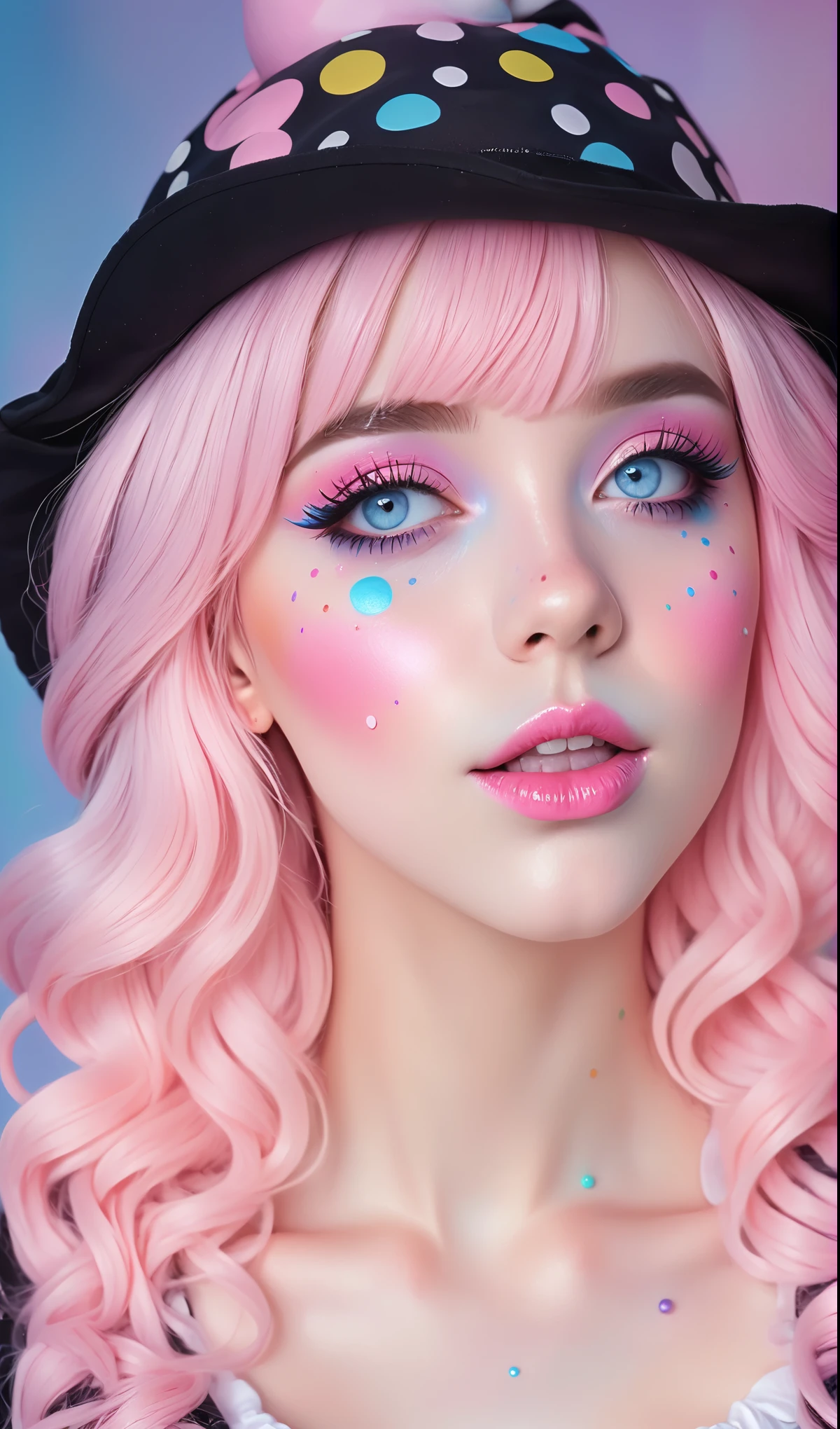 cherry crush, Arafed girl with pink hair and blue eyes wearing a hat, Pastell Make-up, Anime-Stimmung, y 2 k sweet core clown core, belle delphine, Anime inspiriert, Kawaii realistic portrait, Zuckerwatte, Rosa und Blau colour, Rosa und Blau, sweet core clown core, Pastel Gothic aesthetics, elfenbein, Decora inspiriert, bunte Pastell, Rosa Gesicht