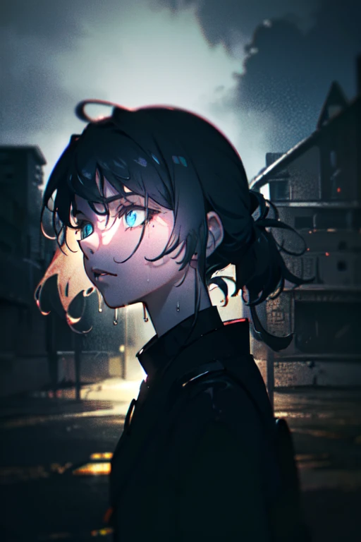 Japanese cartoons/comic style, (Fujimoto style:1.1), (blurred background:1.1), (best quality:1.2), (Super detailed:1.1), (photorealistic:1.37), (bright colors), (studio lighting:1.1), (dark atmosphere:0.9), (mysterious atmosphere:1.1), (dramatic lighting:1.1), (Contrasting colors), (hazy light:1.1), (neon lights:1.1), (rainy environment), (reflection on wet pavement:1.1), (intense expression:1.1), (sharp focus), (firm eyes), ( cold expression:1.1), (well styled hair), (Textured clothes), (sharp cut:1.1), (Stylish silhouette:1.1),