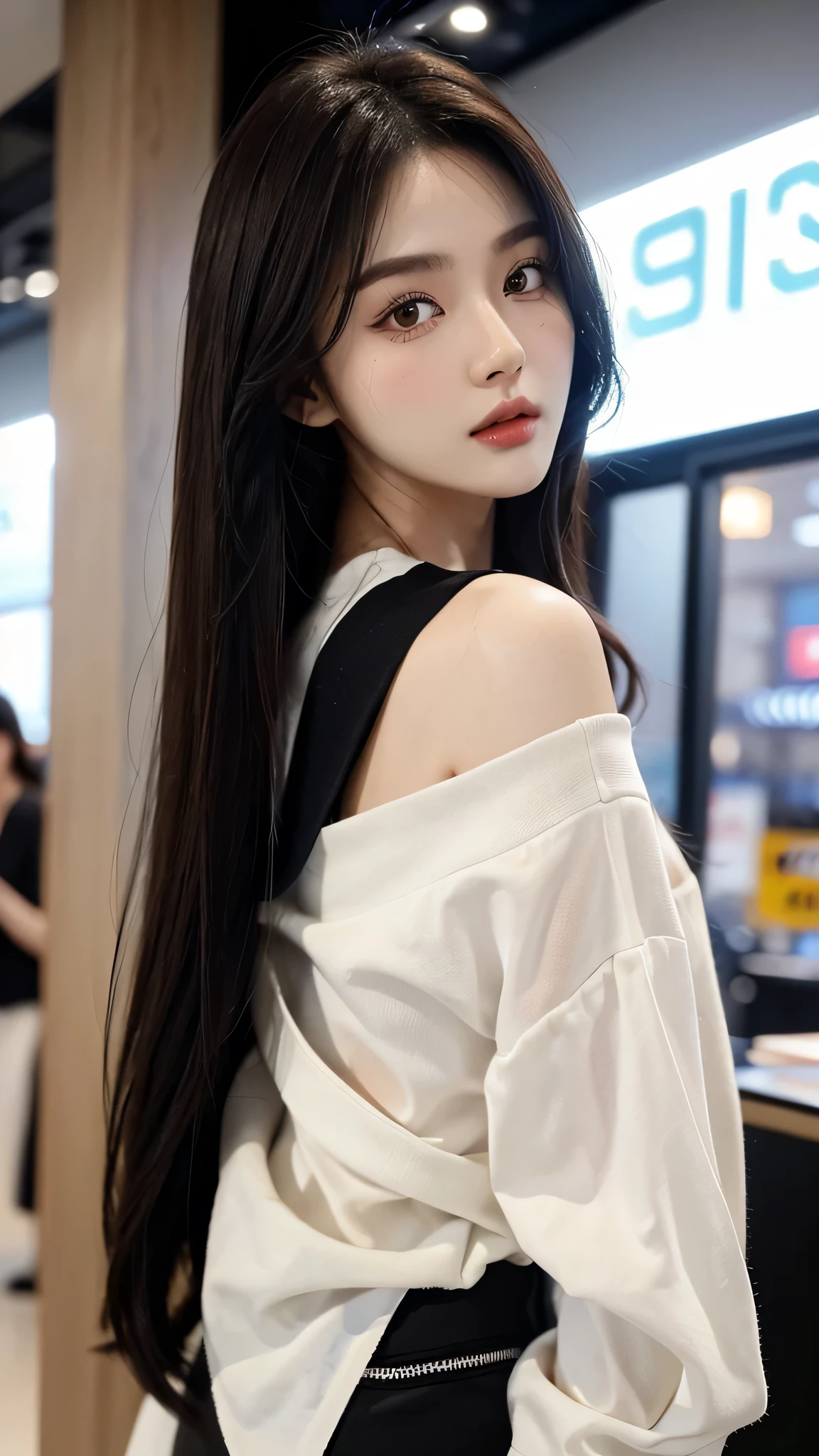 masterpiece、top-quality)、1 beutiful girl、Slim body、((Black and white plain clothes:1.1))、(Detailed beautiful eyes)、Walk around the store、((Boyish Brown Medium Hair))、((Smaller face))、((Neutral face))、((Face seen from the side))、((Light brown eyes))、((Korean Girl))、((25-years old))、((cool lady))、((Wild look))、((Korean Makeup))、((elongated and sharp eyes))、((Dating))、((looking distantly))、((boyish))、((Shot from the same height as your face))、((Viewers are tall))