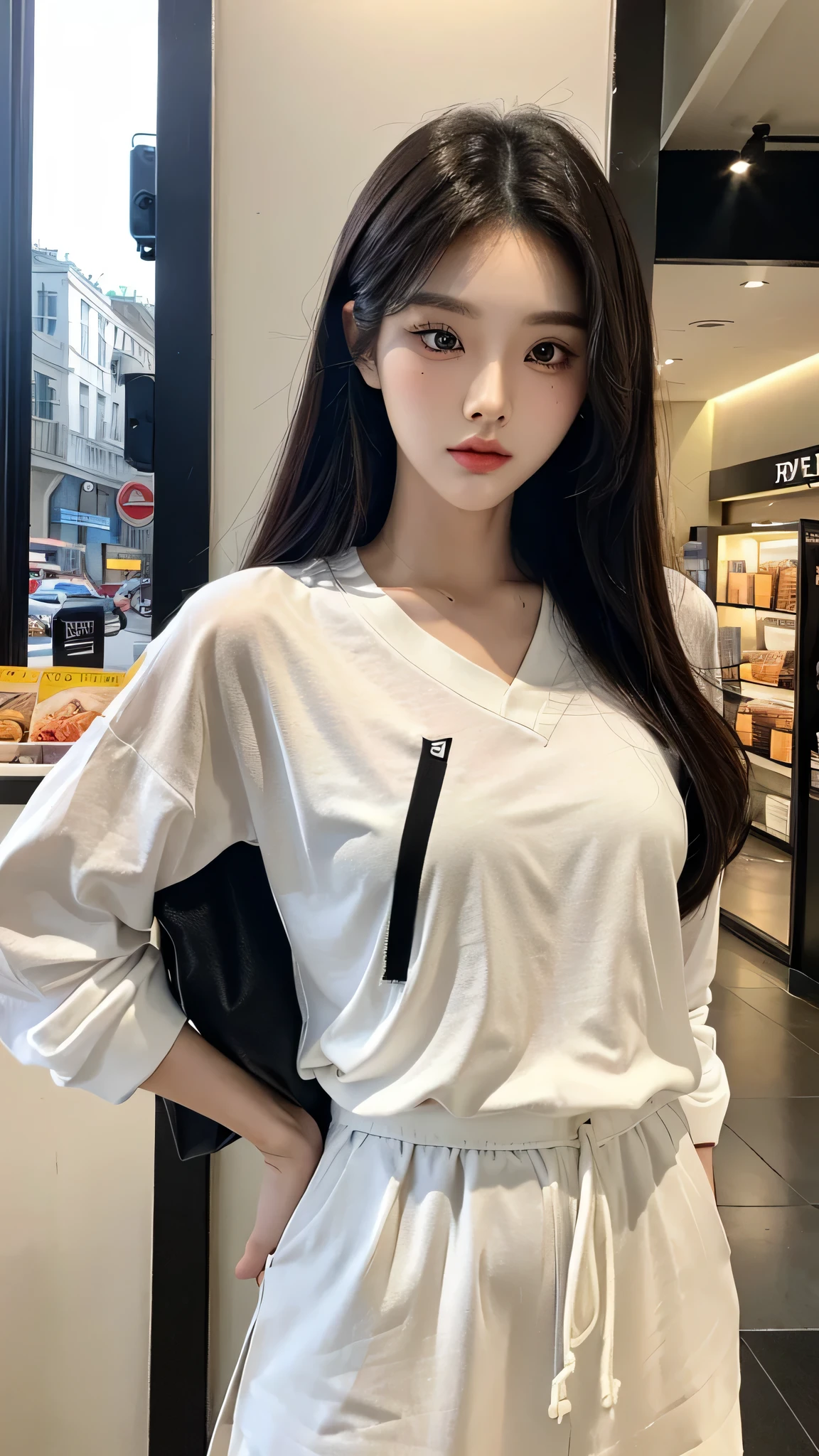 ​masterpiece、top-quality)、1 beutiful girl、Slim body、((Black and white plain clothes:1.1))、(Detailed beautiful eyes)、Walk around the store、((Boyish Brown Medium Hair))、((Smaller face))、((Neutral face))、((Face seen from the side))、((Light brown eyes))、((Korean Girl))、((25-years old))、((cool lady))、((Wild look))、((Korean Makeup))、((elongated and sharp eyes))、((Dating))、((looking distantly))、((boyish))、((Shot from the same height as your face))、((Viewers are tall))