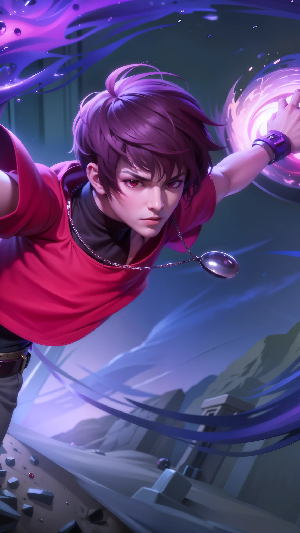 boy with purple hair and red shirt holding a purple ball, Masterpiece, ultra HD, detailed all picture, a close up of a devil, dyrroth from mobile legend, evil, extremely detailed artgerm, mobile legends character, inspired by Dyrroth, Six pack chest and abs, black jewel above the chest, red eyes, glare.