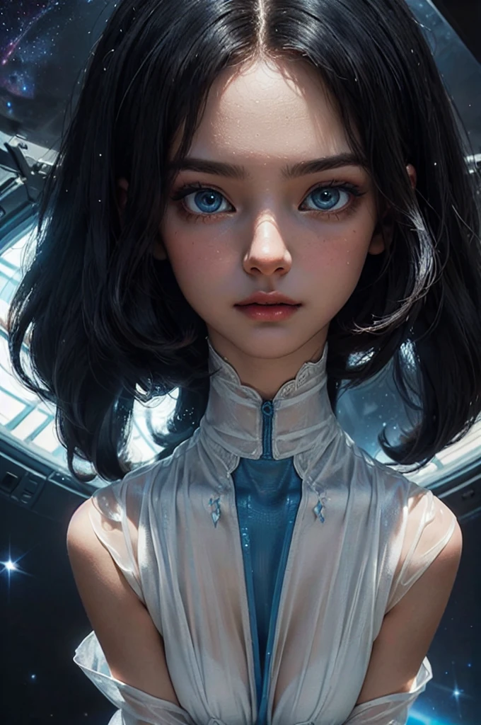 ((space, Distant stars), (Fantastic image, very beautiful - space girl), (1 girl; 1.3), (Face. figure))). ((Graceful forms. Graceful girl). (high quality), (stylization - animation, realism). (Dark cool colors mixed with warm shades). (angel girl), (photorealistic, Cinematic picture), (high detail, complete black hole, 8K. dynamic expressive image)). ((Very detailed eyes and face))), Beautiful detailed eyes. masterpiece, Best quality, full length portrait, amazing beauty, dynamic pose, нежное Face, and bright eyes)). ((She wears transparent, semi-sheer dress, emphasizing a slim figure). (She&#39;s an angel, descended into the underworld. She&#39;s a savior, light in the dark kingdom, radiating a soft glow. High detail, Other worlds, light of distant stars), (detail, high quality), (Muffled light, dark environments - the spooky cinematic setting is great)). ((Girl with white skin, realistic detailed skin, clear focus, volumetric mist near the floor, 8K, UHD, SLR camera, high quality, granularity. photorealism, lomography, fantastic dark art, Utopian reality)). ((готическое Face, gothic horror atmosphere, зловещая gothic aesthetics), (gothic art style, creepy gothic portrait, dark fantasy, mixed with realism, gothic aesthetics)).((Realistic black leather)).