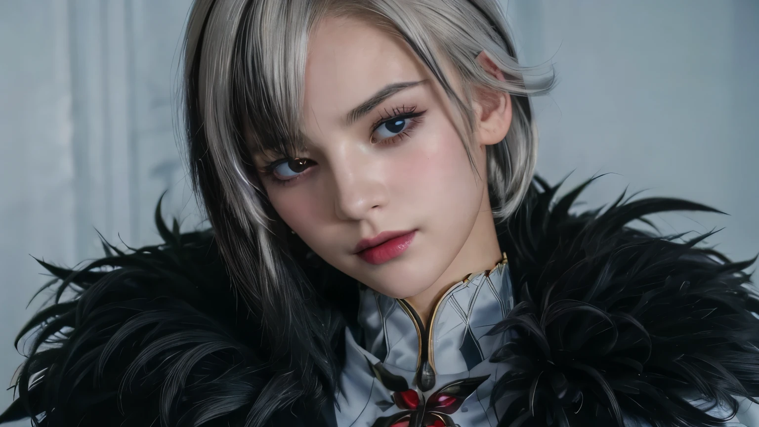 ((highest quality、8k、masterpiece:1.3))、beauty、hidden face、1 girl、Short white hair,  Genshin Arlecchino, beauty:1.3、Highly detailed face、Highly detailed lips、fine grain、double eyelid、Very elaborate costumes、Looking at the camera、Well-groomed eyebrows、Beautiful eyes