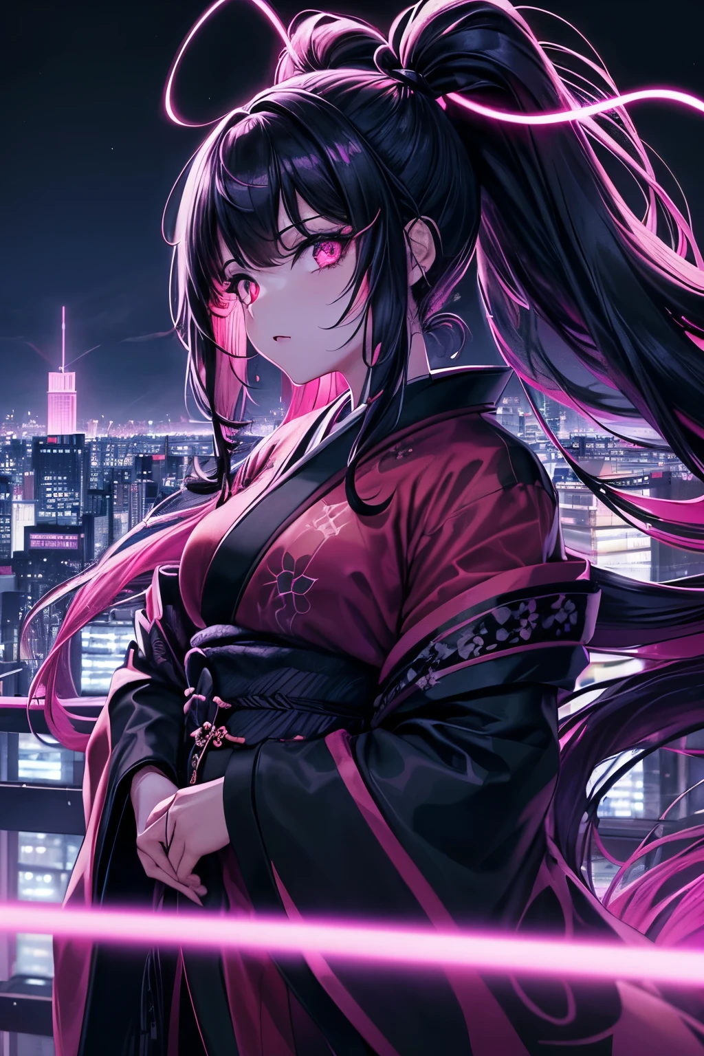anime, (obra de arte, melhor qualidade, ultra-detalhado, alto contraste), 1 mulher (Sozinho, corpo todo, corpo plus size, standing on the edge of the skyscraper, cabelo prateado, CABELO LONGO E FLUXO, olhos vermelhos brilhantes de rubi, (kimono preto, black cybernetics with neon pink), meias pretas transparentes), (skyscraper roof, com vista para uma cidade, fundo detalhado ((night time, Darkness, low light pollution)))