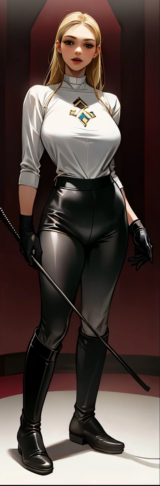 (highest resolution, distinct_image) best quality, a woman, solo, masterpiece, highly detailed, semi realistic, blonde hair, bangs, 18 years old, mature, young, tall strong, uniform, military uniform( large indoor background), cold, serious, tall, handsome, confident , autocratic, powerful, exquisite facial features, exquisite facial features, (full body)(black knee-high boots:1.4)(dominatrix:0.3)(white Yoga pants:1.3),(black short leather gloves:1.5)(long sleeves),(active sportswear shirt),(princess Zelda),solo,1girl,(looking at viewer:1.25),(from below:0.7)(head turned upwards:0.3)(smiling:0.4)(bodysuit:0.3)(holding short riding crop:1.2)(other hand empty)(muscular:0.65)(shirt tucket in pants)(parquet flooring),(slender:0.7),sportive,elite, aristocrat, warden, queen,young:1.3