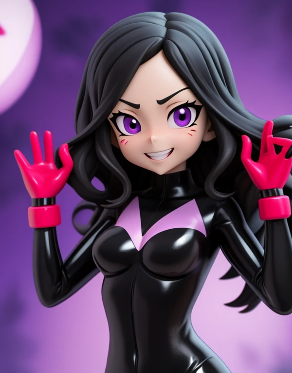 check_9, check_8_up, check_7_up, check_6_up, check_5_up, check_4_up, BREAK, source_Anime, 3D, 1 girl, Violetparr, black hair, long hair, Purple eyes, domino mask, bodysuit, upper body, smile, I look at the viewer  