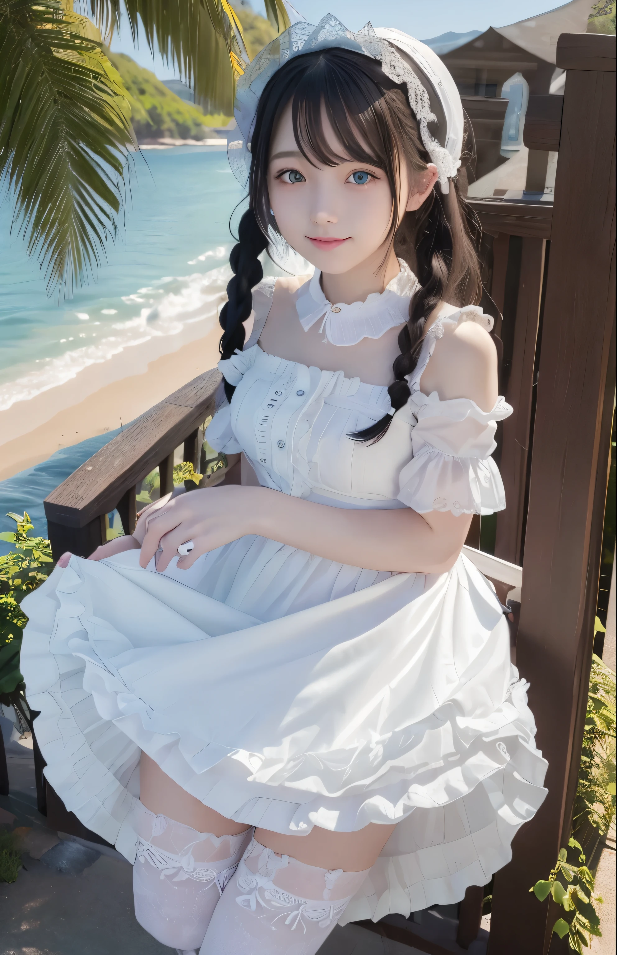 ((masterpiece)), ((highest quality、Ultra high definition)), (Very detailed),8K、Photo quality、((Amazingly cute girl)), , Two people, , (Beautiful emerald blue eyes), ((smile)),In the open-air bath overlooking the sea, Beautifully arranged black hair in twin tails、whole body、(Super high-end white see-through summer gothic lolita maid cost、Professional Lighting、White lace knee-highs、Thin legs、