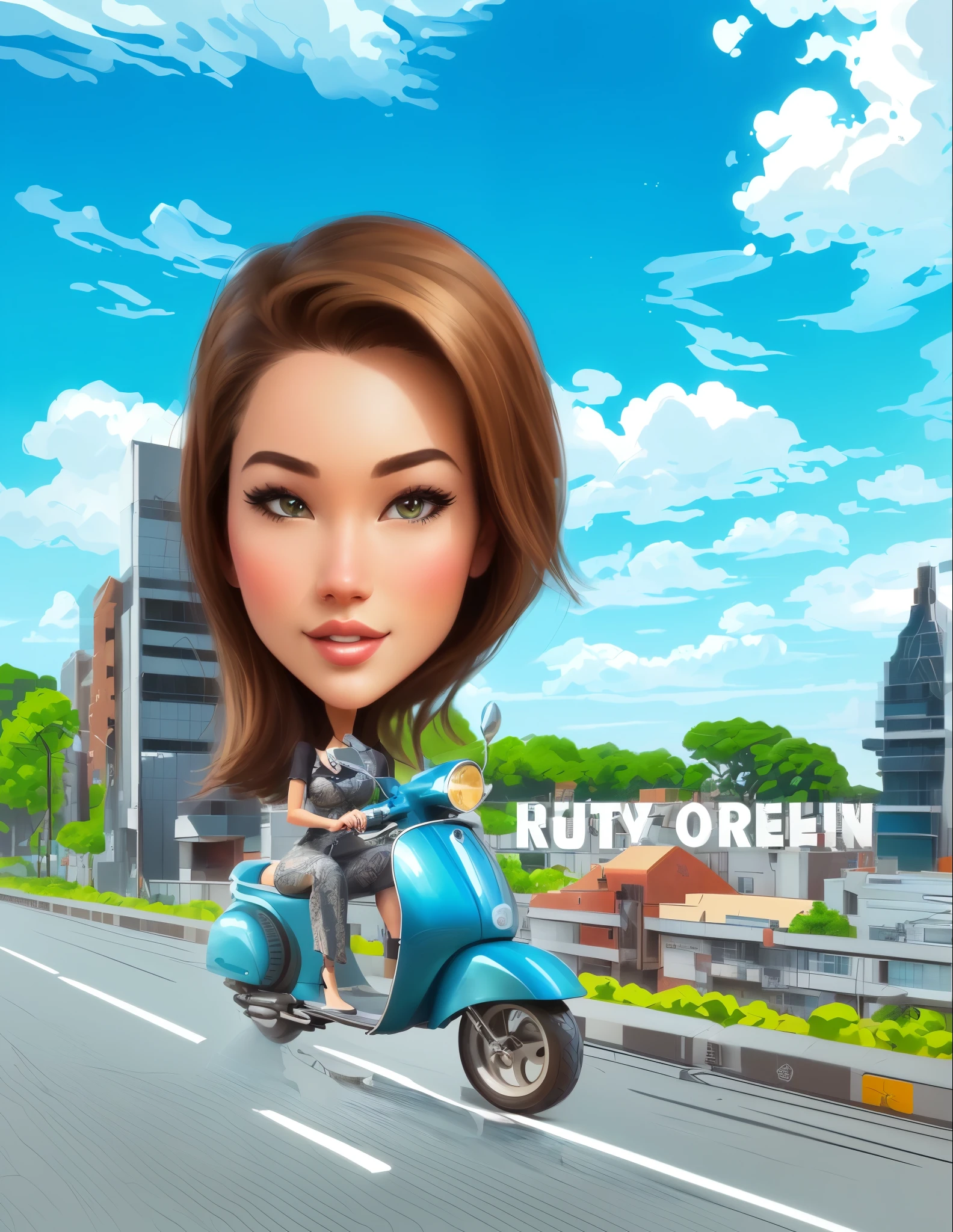 cartoon woman riding a scooter on a city street, caricature illustration, cartoon artstyle, caricature style, realism artstyle, cartoon style illustration, cartoon digital painting, in cartoon style, cartoon digital art, digital art cartoon, cartoon art style, 3 d cartoon, cartoon art, caricature!!!, in style of digital illustration, inspired by Rudy Siswanto, realistic cartoon