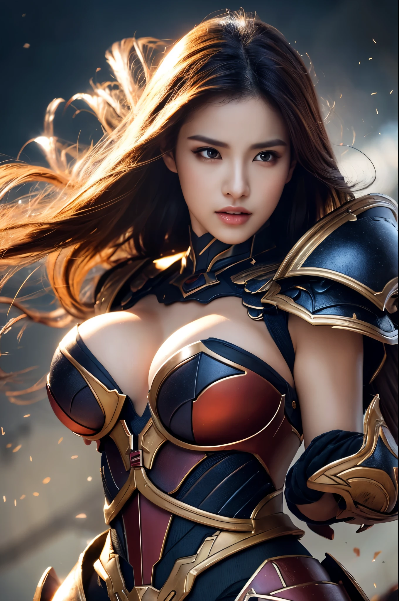 8K,(Female ghost)、悪魔のMakeup、Super Beauty(Like the real thing)、Sexy Red Chest Armor,Adult demon woman、Just like the whole body、(Equipped with a long and large spear)、Ghost of a mature big woman。Strong jaw(Like the real thing)、Stand facing forward、Devil horns、A wonderful work of art、((Kyoto Panel Style))、Wind effects:1.9、Cloud Effect:1.2、Full Rendering、Encaustic painting、Unreal Engine、Beautiful armor patterns and decorations,Surreal,Armor details,超A high resolution,Professional quality high resolution、Perfect contrast、Perfect lighting、Perfect composition、Perfect Skin、Perfect Fingers、Perfect breasts、Perfect Hair、Perfect Face、Realistic facial features,masterpiece,Photorealistic RAW photos,Bright colors,Rich colors,50mm lens,Nikon D850,super highest quality,Slim figure,Perfect body line,Perfect hand shape,Anatomical body balance,Highly detailed face,Highly detailed eyes,Beautiful Lips,Excellent light particles,Cinema Lighting,Makeup,Ultra-high resolution,Ultra-Realistic Skin,Sexy woman closeup,Ample breasts,Dynamic pose,Hard and strong abs,Very large breasts,Action pose,Battle Mode,Fighting Mode,battlefield,