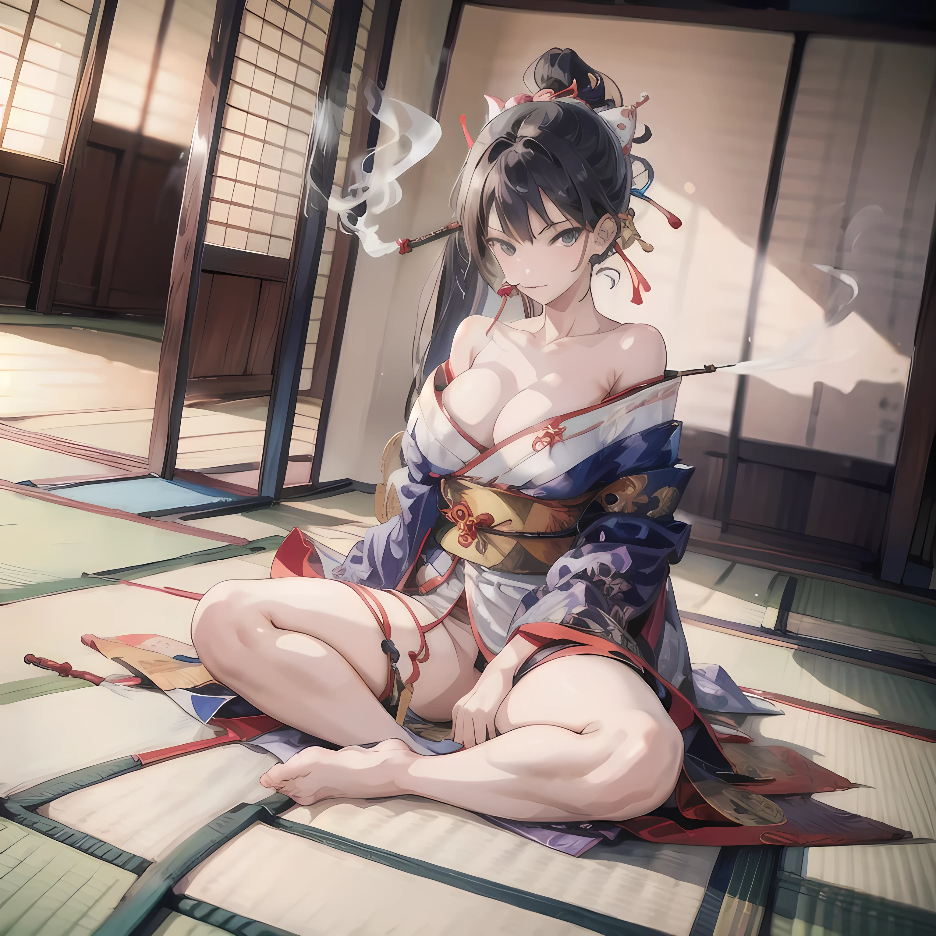 One girl,Sitting on tatami mats(Smoke pipe:1.3),[Alluring], Dynamic Perspective, Full Body Shot, 