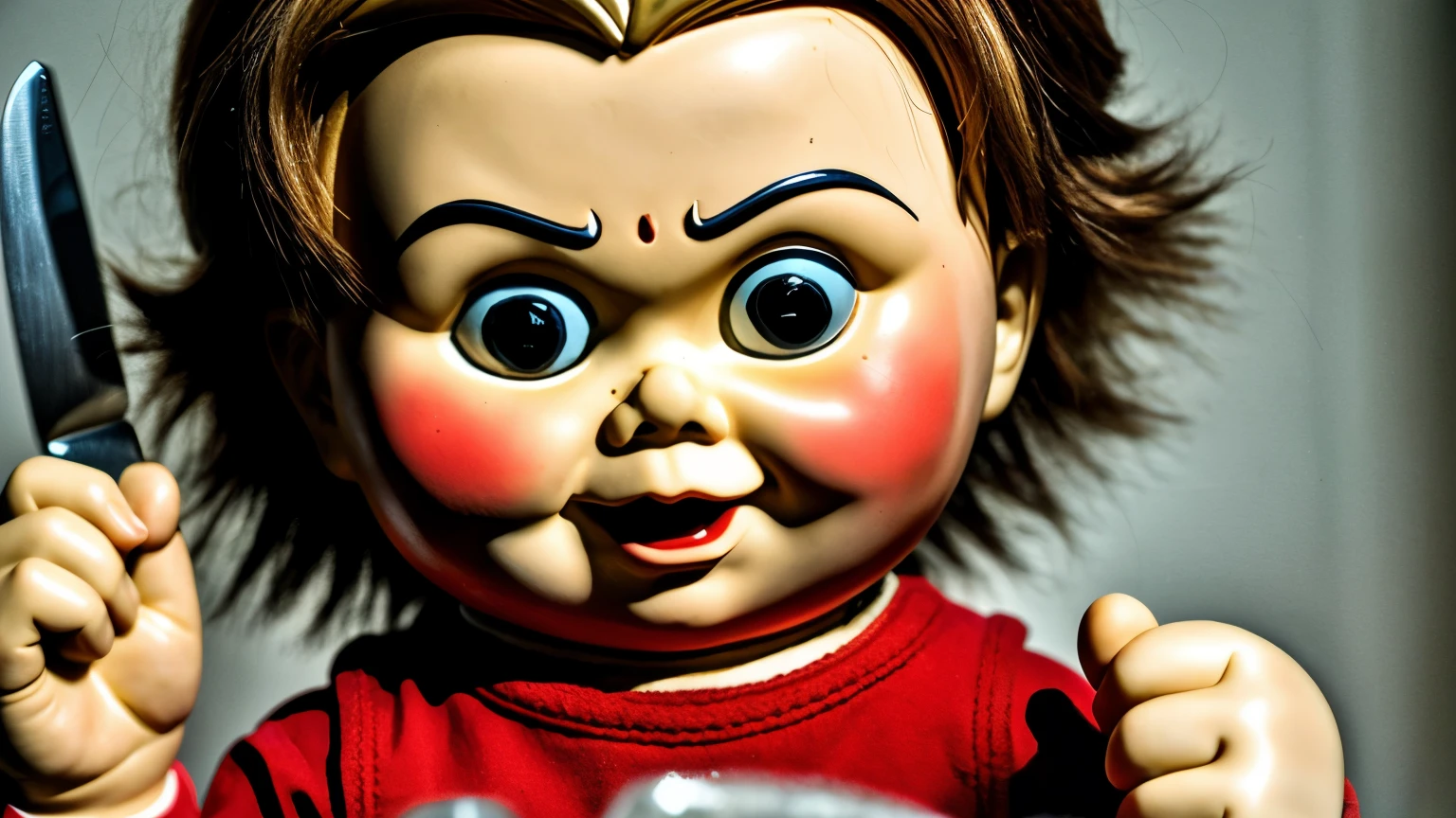 Foto assustadora, de terror e horror. Perturbadora, de uma boneca bizarra, com o rosto desfigurado, holding a knife in hands. Semelhante ao boneco Chucky.