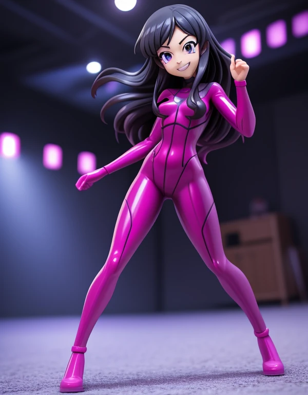 check_9, check_8_up, check_7_up, check_6_up, check_5_up, check_4_up, BREAK, source_Anime, 3D, 1 girl, Violetparr, black hair, long hair, Purple eyes, domino mask, red bodysuit, full body, smile, I look at the viewer  