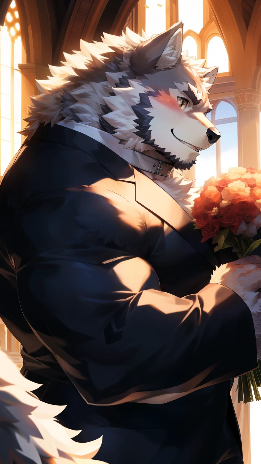 Solitary, anthropology, hairy, hairy male, Wolf, ((Fluffy fur, Fluffy, hairy body)), (Wolf印), (short beard), youth, Gray body, muscular, White, Big muscles, Golden pupils, Tail, deTailed teeth, deTailed face, Fundos, bridegroom, (Black suit suit), (The collar is open), Holding a bouquet of white flowers, 害羞的站在church门前, deTailed Fluffy fur, deTailed face, Look at the audience, majestic, barbarous, A faint smile, Blushing, Strong, church, White dove, Side View, (through empty ghost, From wolf26, masterpiece, high quality, high resolution,8k), permanent, Close-up portraits, outdoor, 