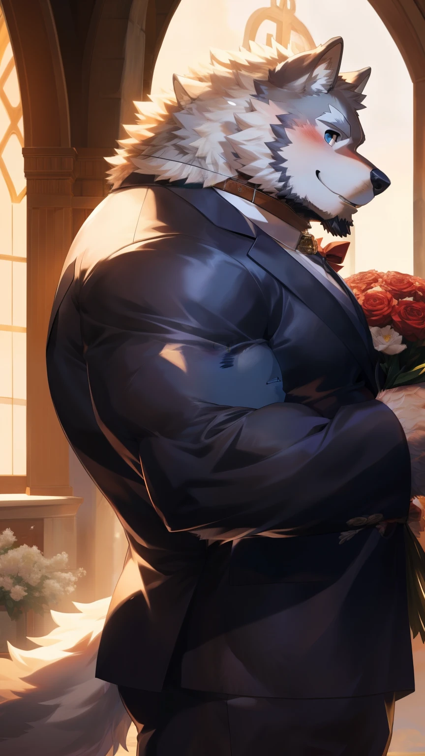 Solitary, anthropology, hairy, hairy male, Wolf, ((Fluffy fur, Fluffy, hairy body)), (Wolf印), (short beard), youth, Gray body, muscular, White, Big muscles, Golden pupils, Tail, deTailed teeth, deTailed face, Fundos, bridegroom, (Black suit suit), (The collar is open), Holding a bouquet of white flowers, 害羞的站在church门前, deTailed Fluffy fur, deTailed face, Look at the audience, majestic, barbarous, A faint smile, Blushing, Strong, church, White dove, Side View, (through empty ghost, From wolf26, masterpiece, high quality, high resolution,8k), permanent, Close-up portraits, outdoor, 