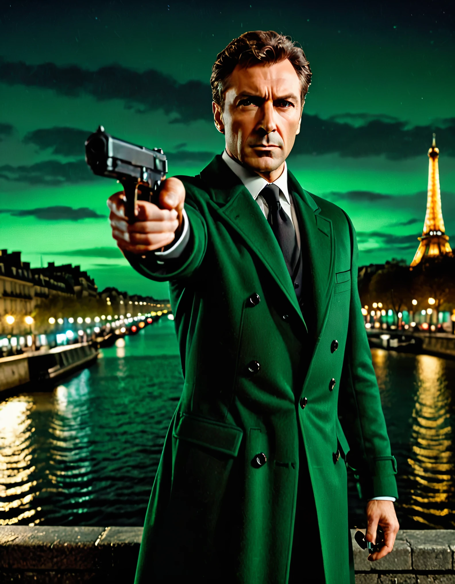 masterpiece, best quality, hyper detailed, ultra detailed, 1man, solo, solo focus, arafed french man in a coat, (pointing pistol at the viewer, glock17), tall body, middle-aged man, professional, relaxed but determined, serious but cool, he's a hitman in peacoat, he is wearing a green trenchcoat, darkgreen suit and tie, slacks, black dress shoes, full body and head shot, full body shoot, full-body-shot, fullbody shot, dock, paris, night backdrop, film noire atmosphere, reddish grey hair, green eyes, hair over one eye, secret agent, spy, midnight, noir lighting, hand.