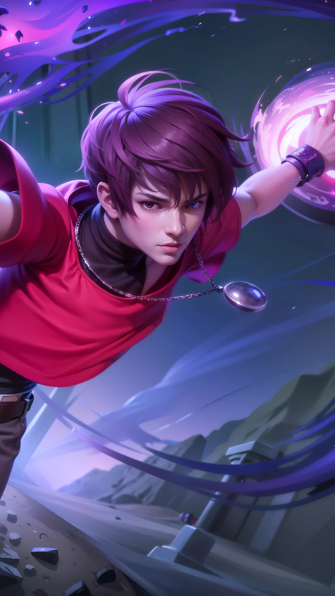 boy with purple hair and red shirt holding a purple ball, Masterpiece, ultra HD, detailed all picture, a close up of a devil, dyrroth from mobile legend, evil, extremely detailed artgerm, mobile legends character, inspired by Dyrroth, Six pack chest and abs, black jewel above the chest, red eyes, glare.