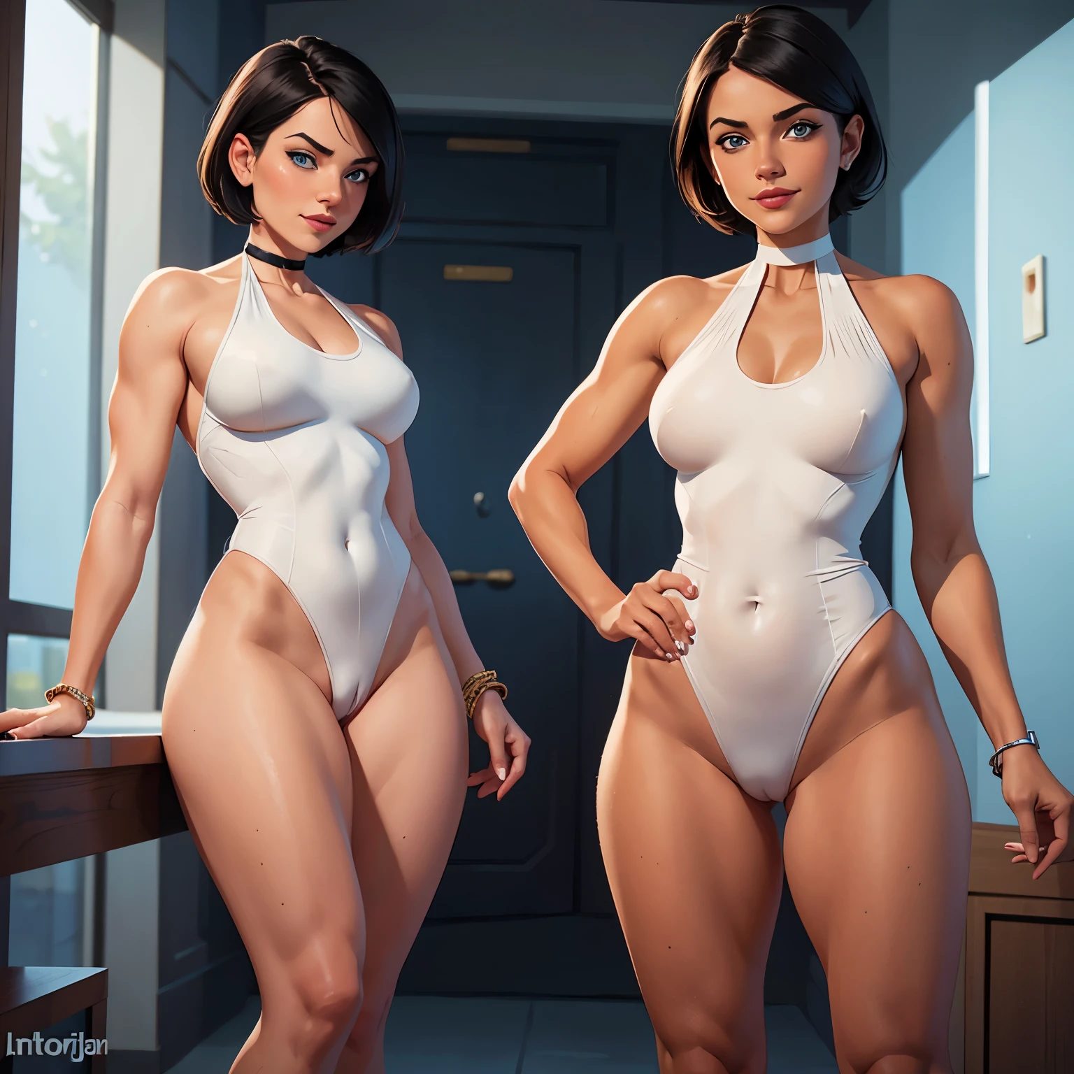 a women with a naughty face, short hair, very blue eyes, seductive smile. perfect and shapely body, muscular body, thick and muscular legs, percelain-colored skin, big labia and clitoris bulge, she is wearing white one piece leotard high cut, a black choker around her neck, a black anklet on her ankle,She is standing, big labia and clitoris bulge. fleshy and swollen vulva