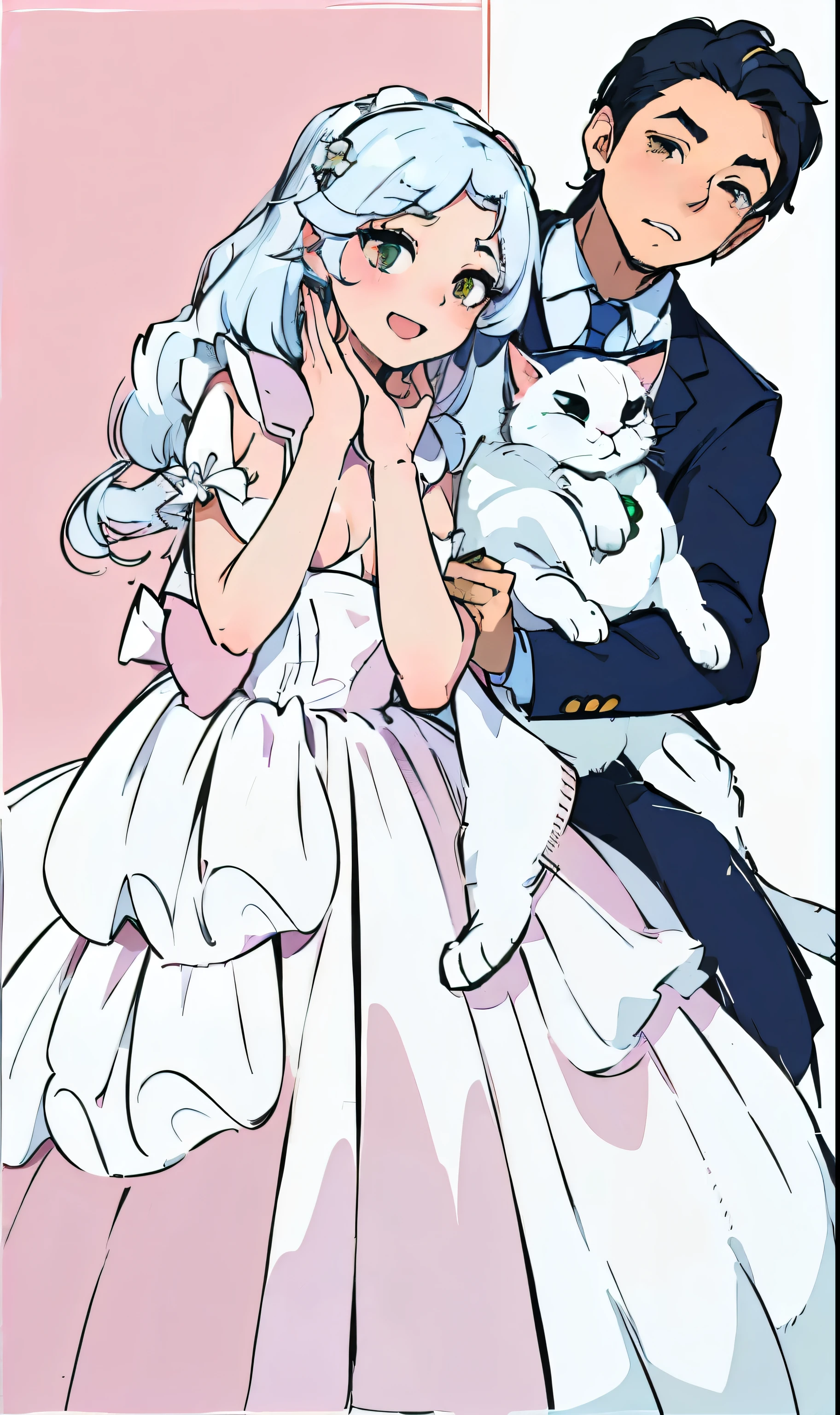 bride and groom with Cat in wedding skirt, Cartoon, Anime style, Line art!!, cosplay of a Catboy! maid! skirt, White ( Cat ) girl, anime Catgirl, Kon Satoshi&#39;s Art Style, Clear anime silhouette, Anime style, anime Cat, White Cat girl, Anime styleIllustrations, Clean lines and colors, color page