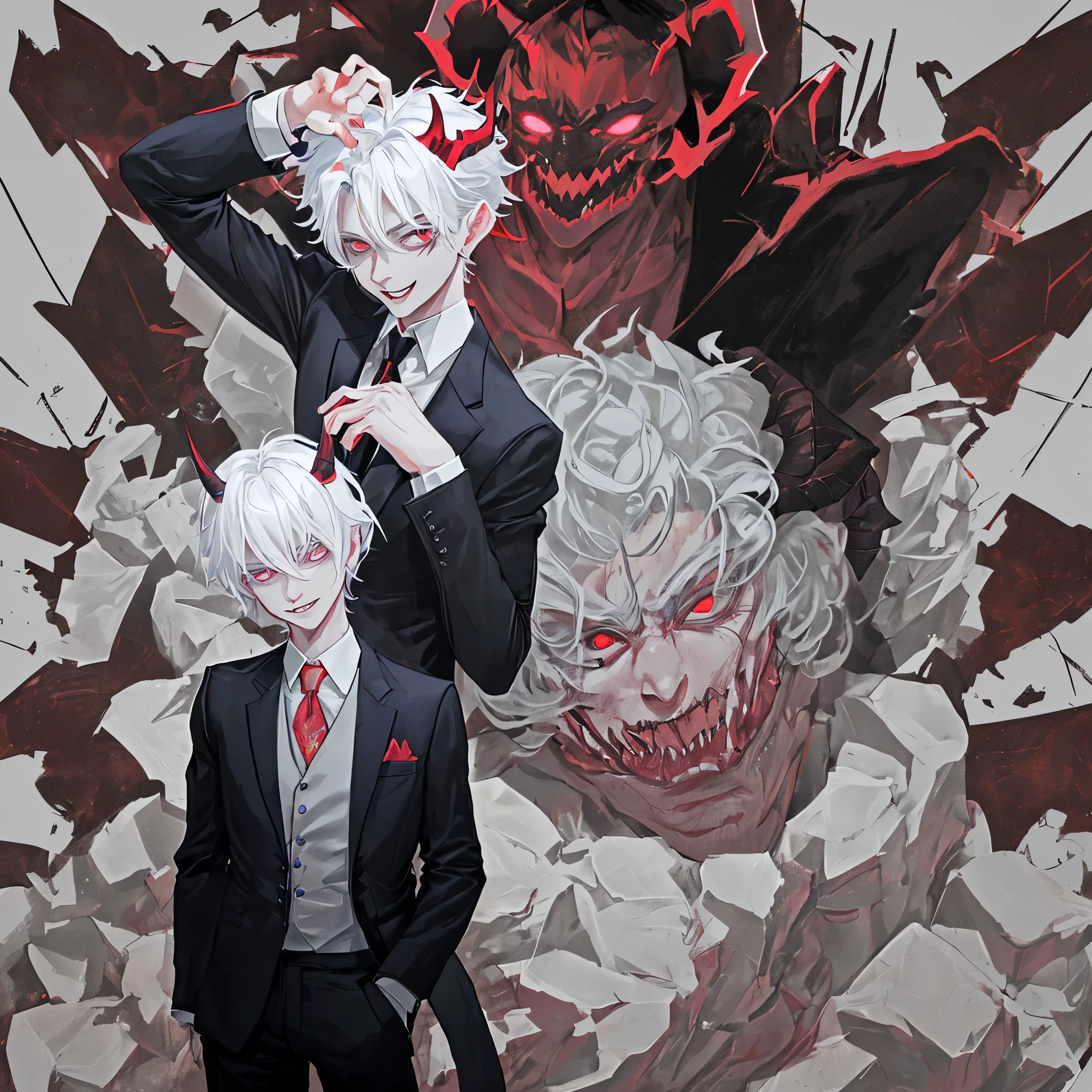 Short demon in a suit, his horns are a little bigger than him, em seu rosto existe um sorriso mostrando suas presas, Furthermore, your eyes are red and your hair is white
