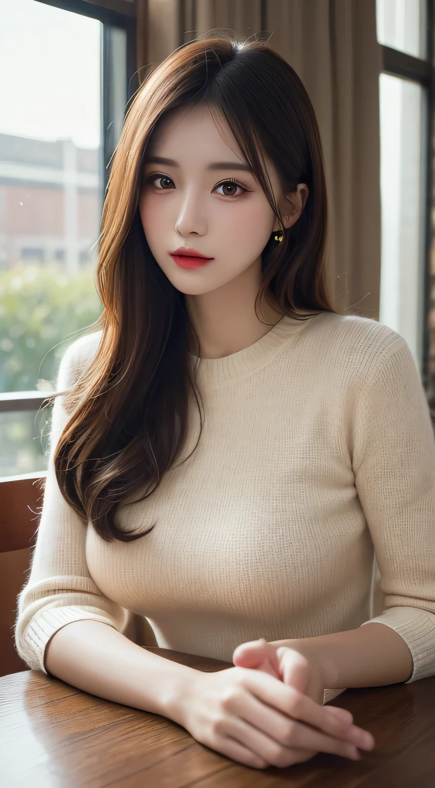 On the table, best quality, illustration, Super detailed, Fine details, high resolution, 8k wallpaper, Perfect dynamic composition, Beautiful and delicate eyes,  Natural lips, Sexy knitted dress , Large Breasts, cleveage, casual sexy pose, whole body