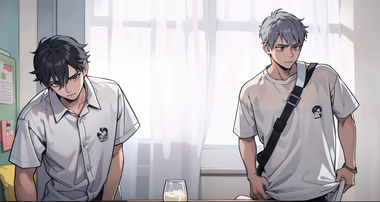 estilo comic anime 2d, cute boy 17 years thoughtful look distracted gray eyes gray hair have white shirt