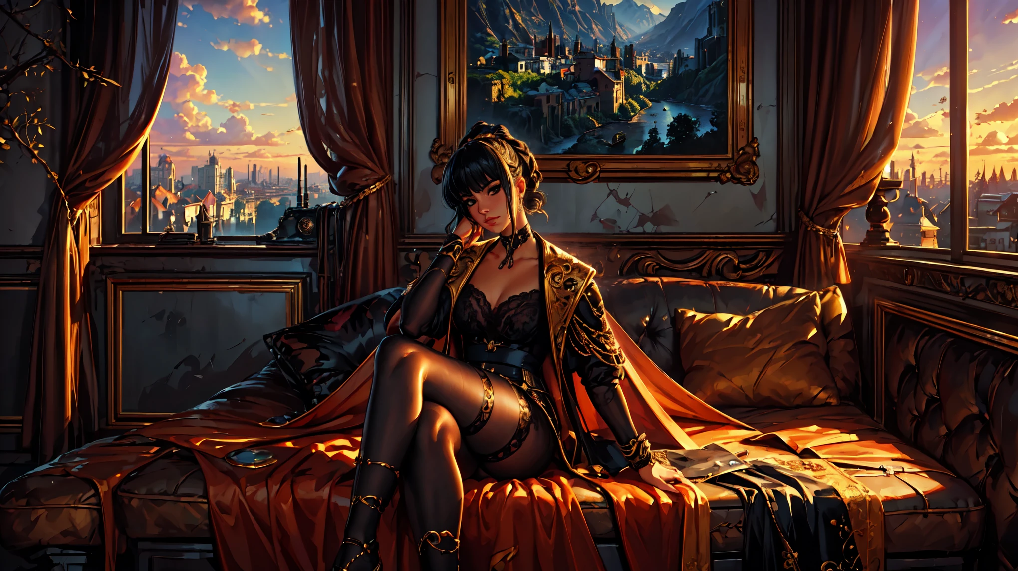 (Detailed close-up portrait!) (Masterpiece 8K.high quality.digital art.Beautiful and aesthetic anime style.Perfect compositions and great perspective.painting) One woman sitting on a large sofa.room in bodoir style . Large panoramic window opens onto the picturesque city