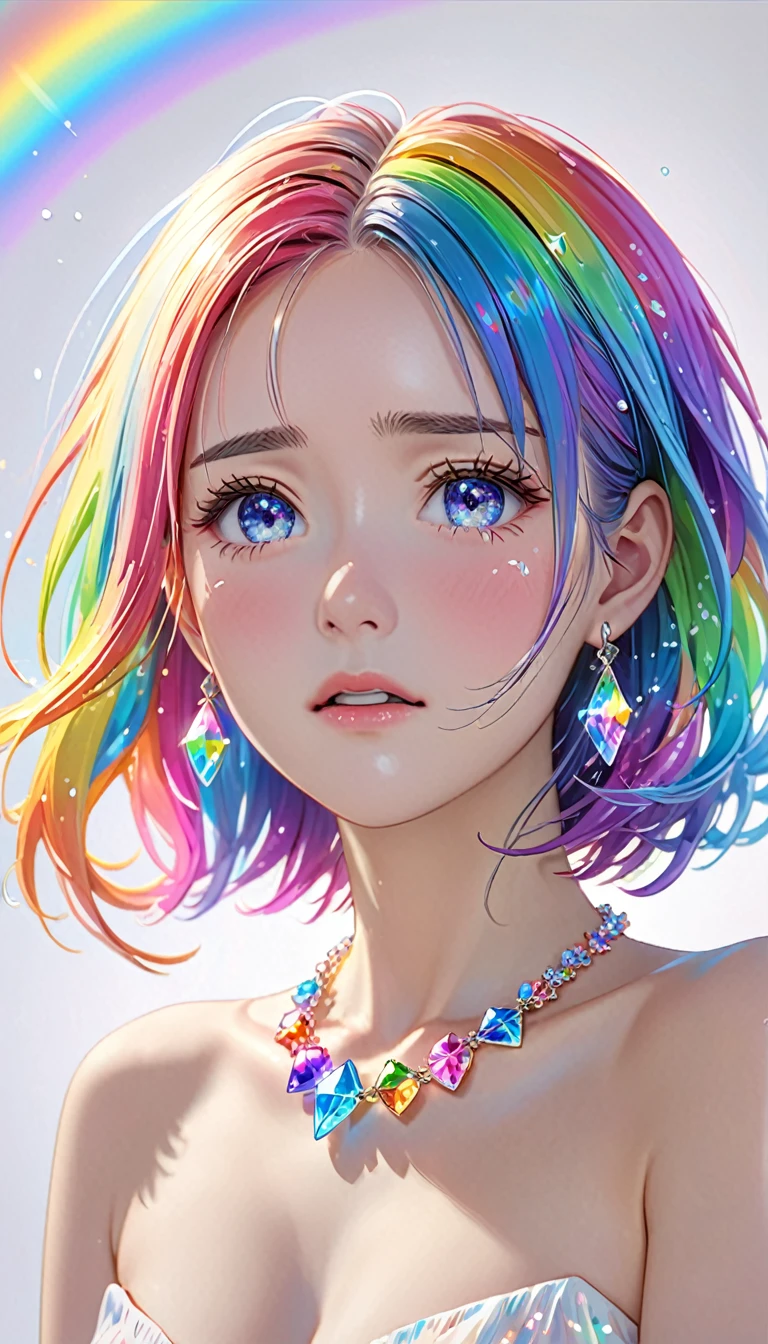 National Science Foundation,masterpiece,High resolution,8K,Art,digit,Three-dimensional,Realism,Kyoto Animation Style,your name movie style, ((Splash of Color, Ink splash)),looking into camera,Soft Light,Glowing skin,(1 female: 1.3),(alone: 1.4),(((colorful hair))),((Naked upper body)),(Rainbow crystal hair clip),(Small,Rainbow crystal necklace),(Small,rainbow crystal earrings),(Rainbow crystal bracelet),(Rainbow crystal ring),Long eyelashes,Slender legs,Short Bob,Close-up of upper body,Close-up,close view,White background,(Eyes as deep as the starry sky),(Shut up),(blush),(shy),(lovely and delicate),(Pitiful),(((cry))),(((Tears))),(((extremely sad))),(((despair)))