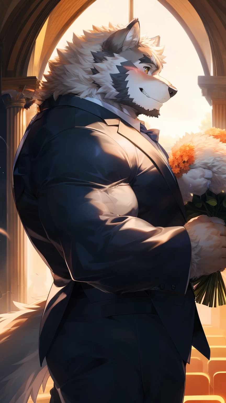 Solitary, anthropology, hairy, hairy male, Wolf, ((Fluffy fur, Fluffy, hairy body)), (Wolf印), (short beard), youth, Gray body, muscular, White, Big muscles, Golden pupils, Tail, deTailed teeth, deTailed face, Fundos, bridegroom, (Black suit suit), (The collar is open), Holding a bouquet of white flowers, 害羞的站在church门前, deTailed Fluffy fur, deTailed face, Look at the audience, majestic, barbarous, A faint smile, Blushing, Strong, church, White dove, Half side view, (through empty ghost, From wolf26, masterpiece, high quality, high resolution,8k), permanent, Close-up portraits, outdoor, 