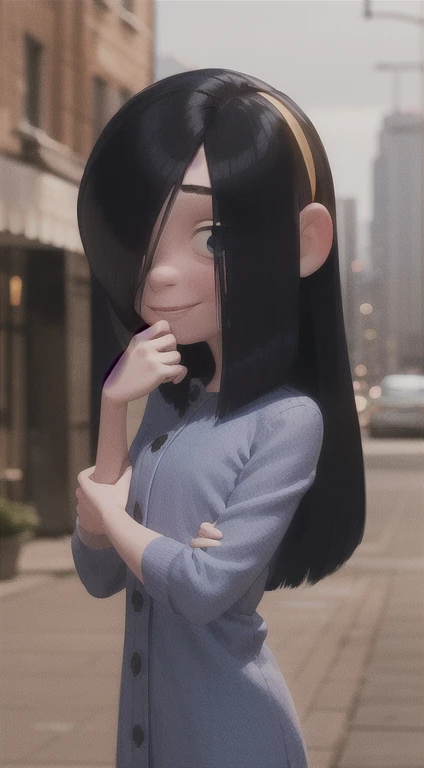 masterpiece,best quality,1girl,violetparr,long hair,black hair,hair over one eye,hairband,upper body,solo,smile,looking at viewer,city,blurry background,