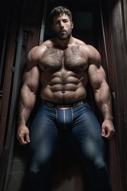 A portrait full body photograph Atractive ben Affleck heavy muscles, using only underwear, bearded, Strong, muscular, hairy big belly bodybuilder, showing very hairy groin area, epic realistic, photo, faded, neutral colors, ((((hdr)))), muted colors, intricate scene, artstation, intricate details, vignette