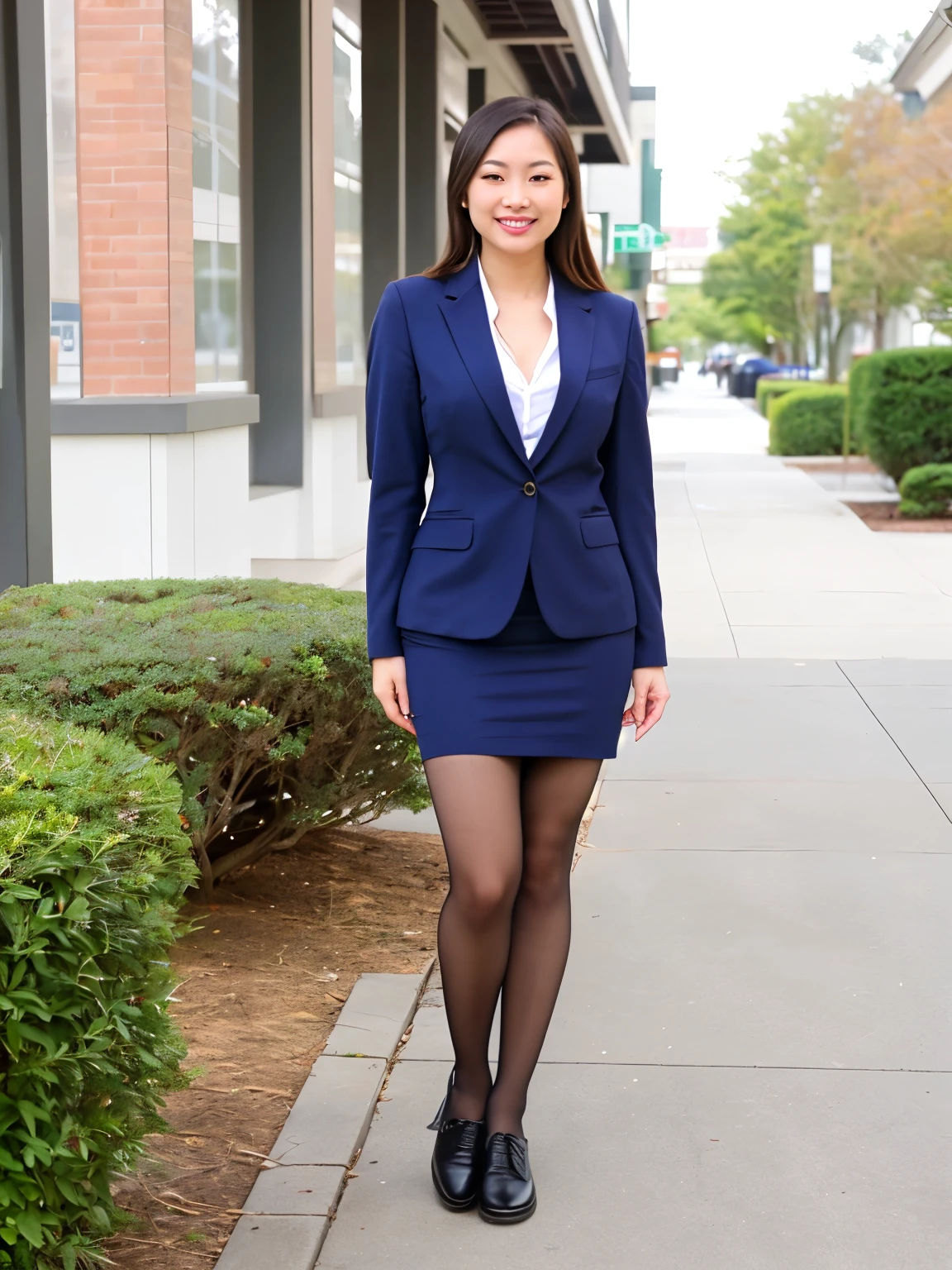 Show entire body, feet in view, a gorgeous Asian female, dressed in professional attire, pantyhose, canvas shoes, outside, daytime, smiling