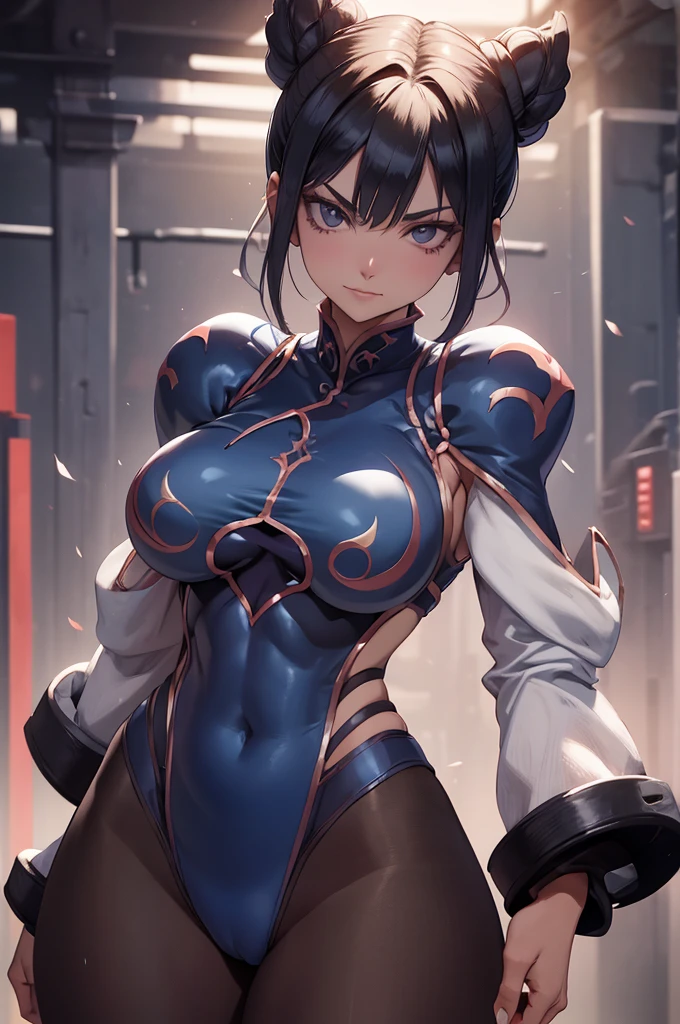melhor qualidade,roupa azul,juri han,solo, masterpiece, best quality, agrias, grey sweater, black leotard, standing, looking at viewer, short hair,oculos,evil smile, evil look,luvas preta,roupa azul,yandere rosto,low lighting,coxa sarada copo detalhado,olhando para frente juri han,bela
