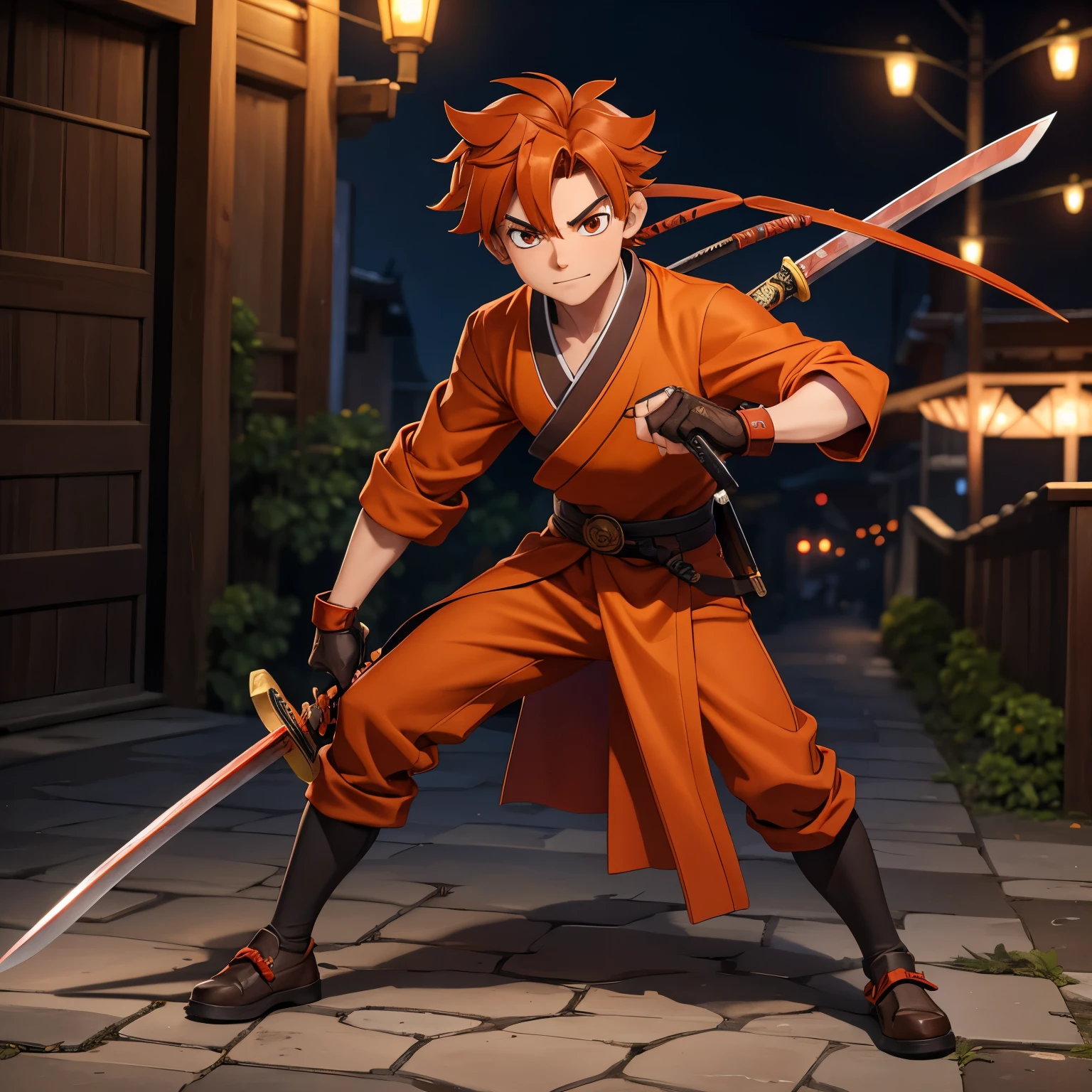 a  demon slaying boy character with orange brown hair and a katana and a reddish red kimono